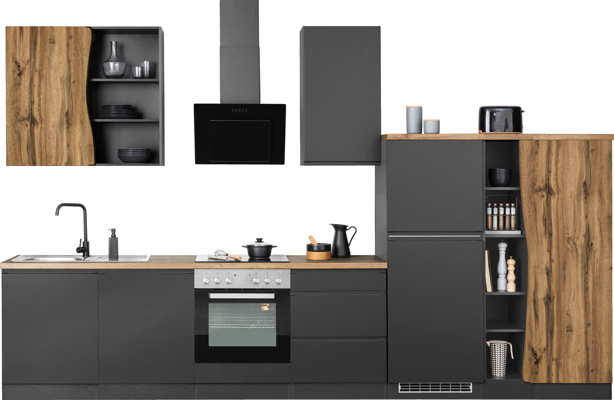 KOCHSTATION Küchenzeile "KS-Bruneck" 380cm breit, wahlweise mit oder ohne E-Geräte, hochwertige MDF-Fronten