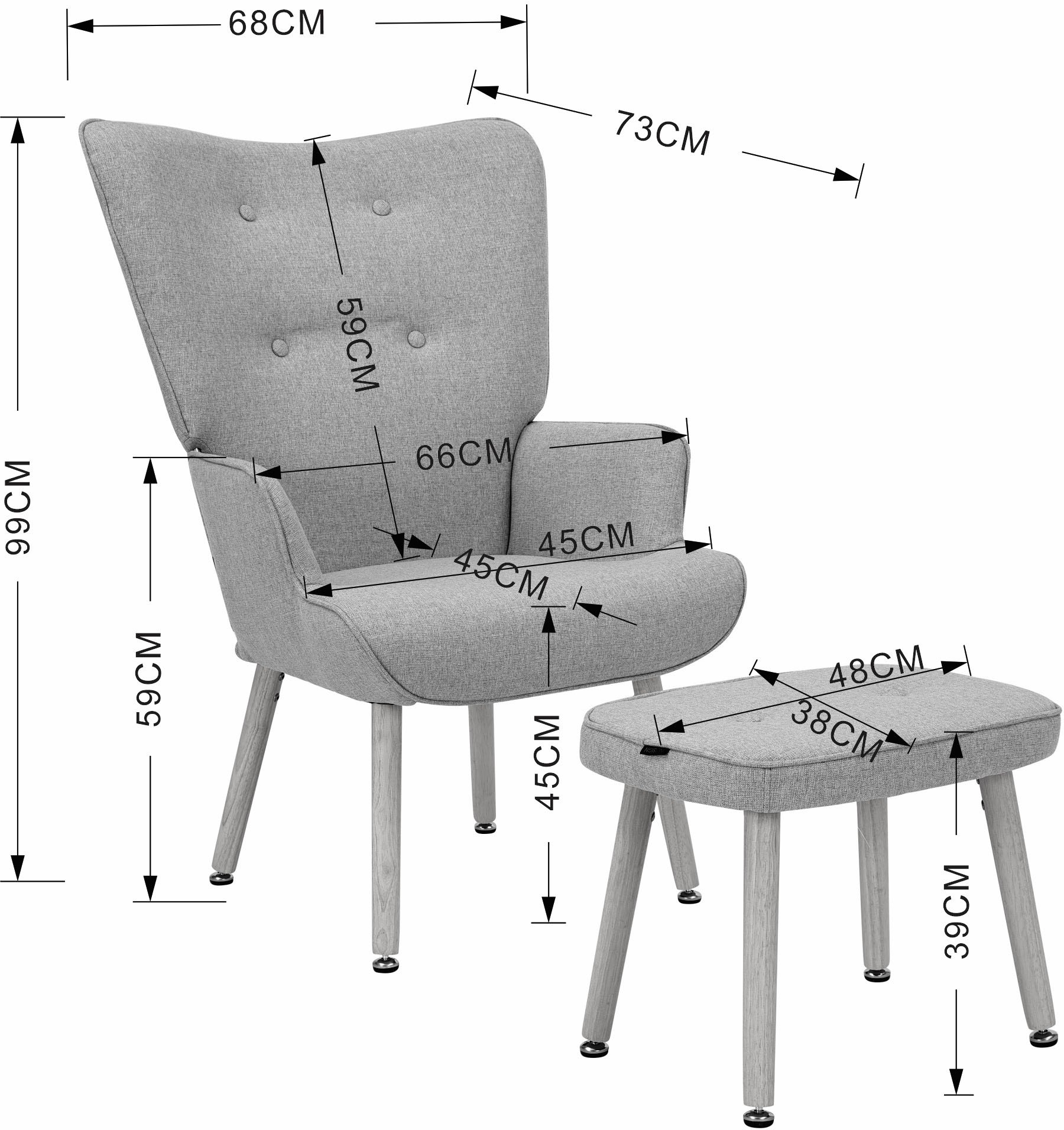INOSIGN Ohrensessel »PERHAM, Sessel mit Hocker im Set, Knopfheftung, Massivholz-Füsse,«, komfortabler Relaxsessel und Sitz-Hocker mit Strukturbezug