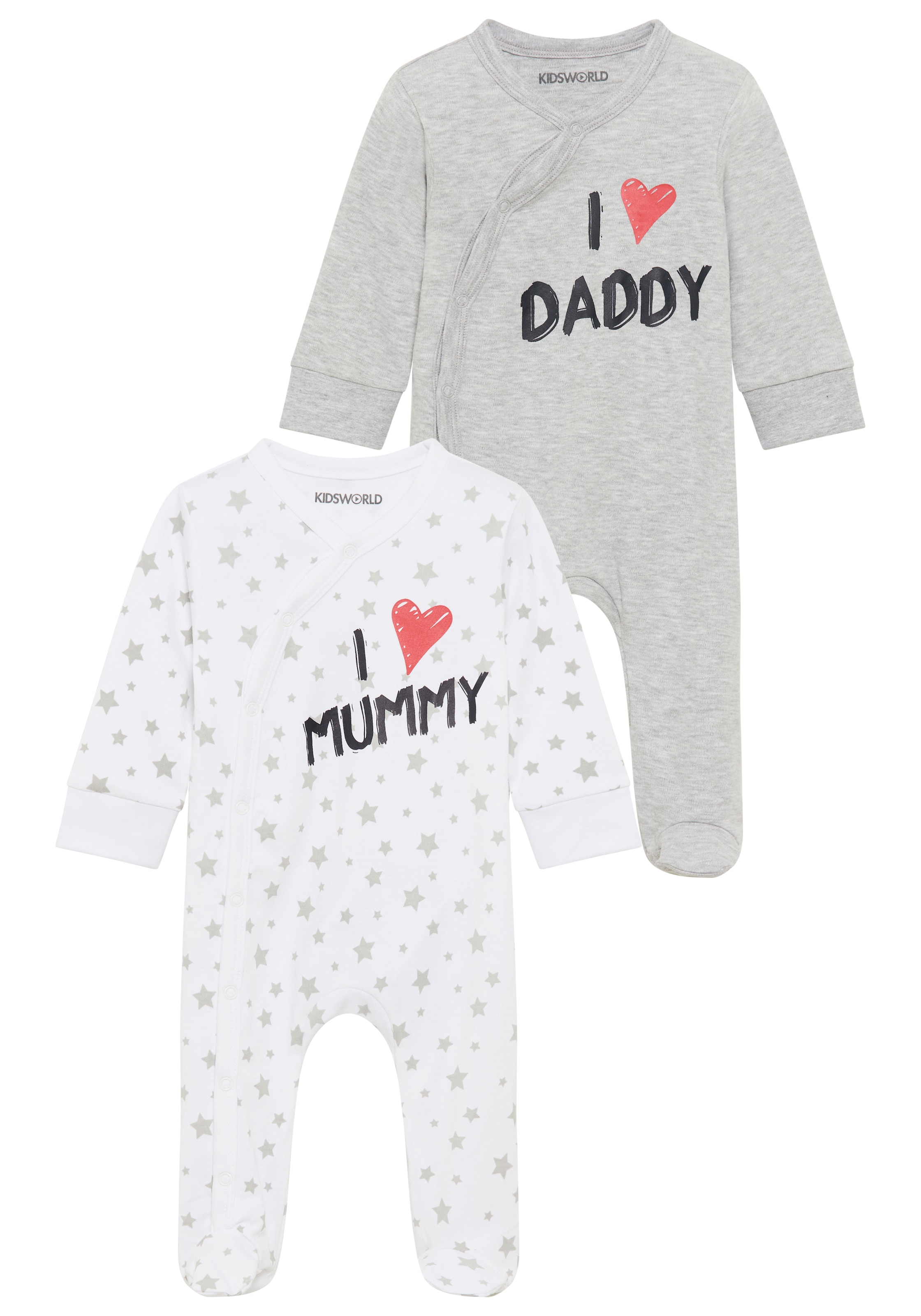 KIDSWORLD Schlafoverall »2er Schlafoveralls: I love Mummy / I love Daddy«, (Packung, 2 tlg.), aus Bio-Baumwolle, Baby-Overalls