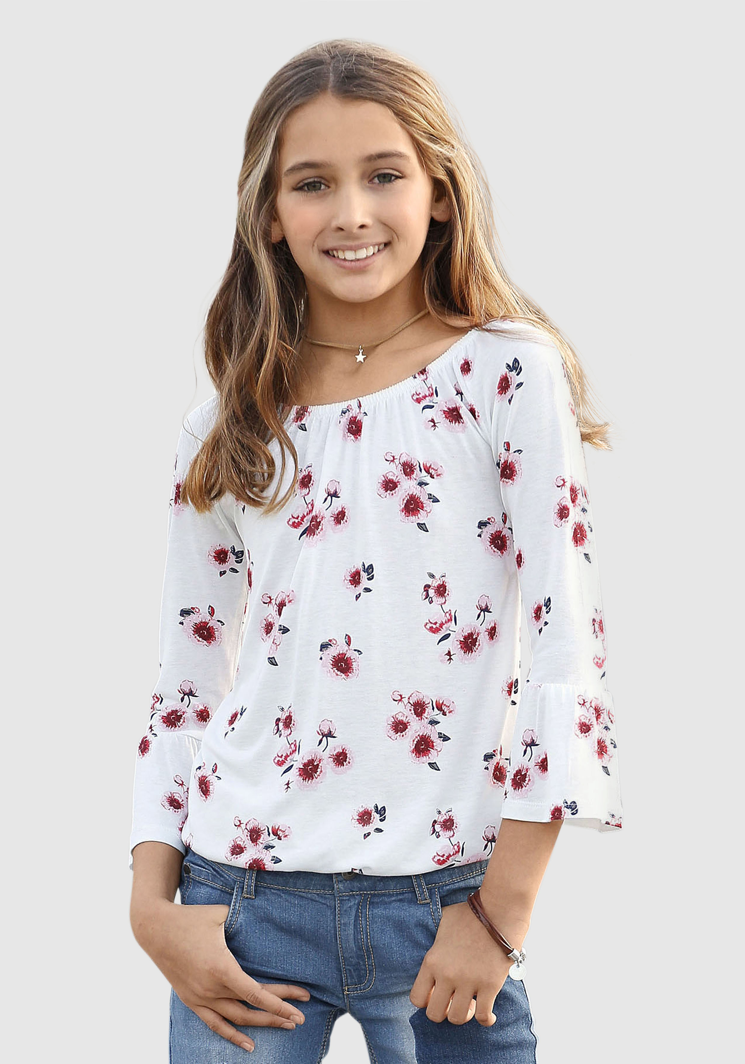 Carmenshirt, mit Trompetenärmel und Blumendruck
