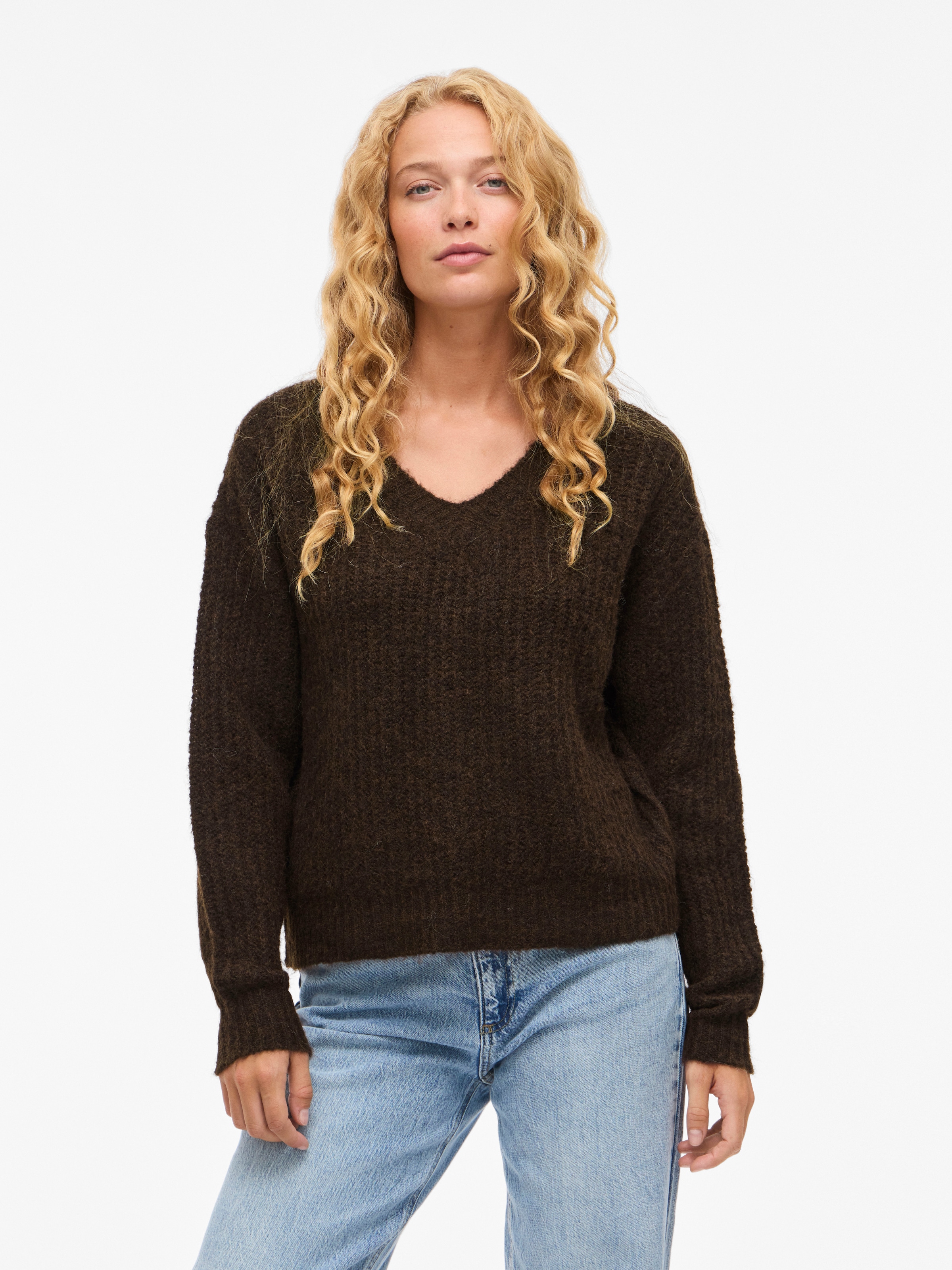 Vila V-Ausschnitt-Pullover "VILAMPE V-NECK L/S KNIT TOP-NOOS" Materialmix, regular fit