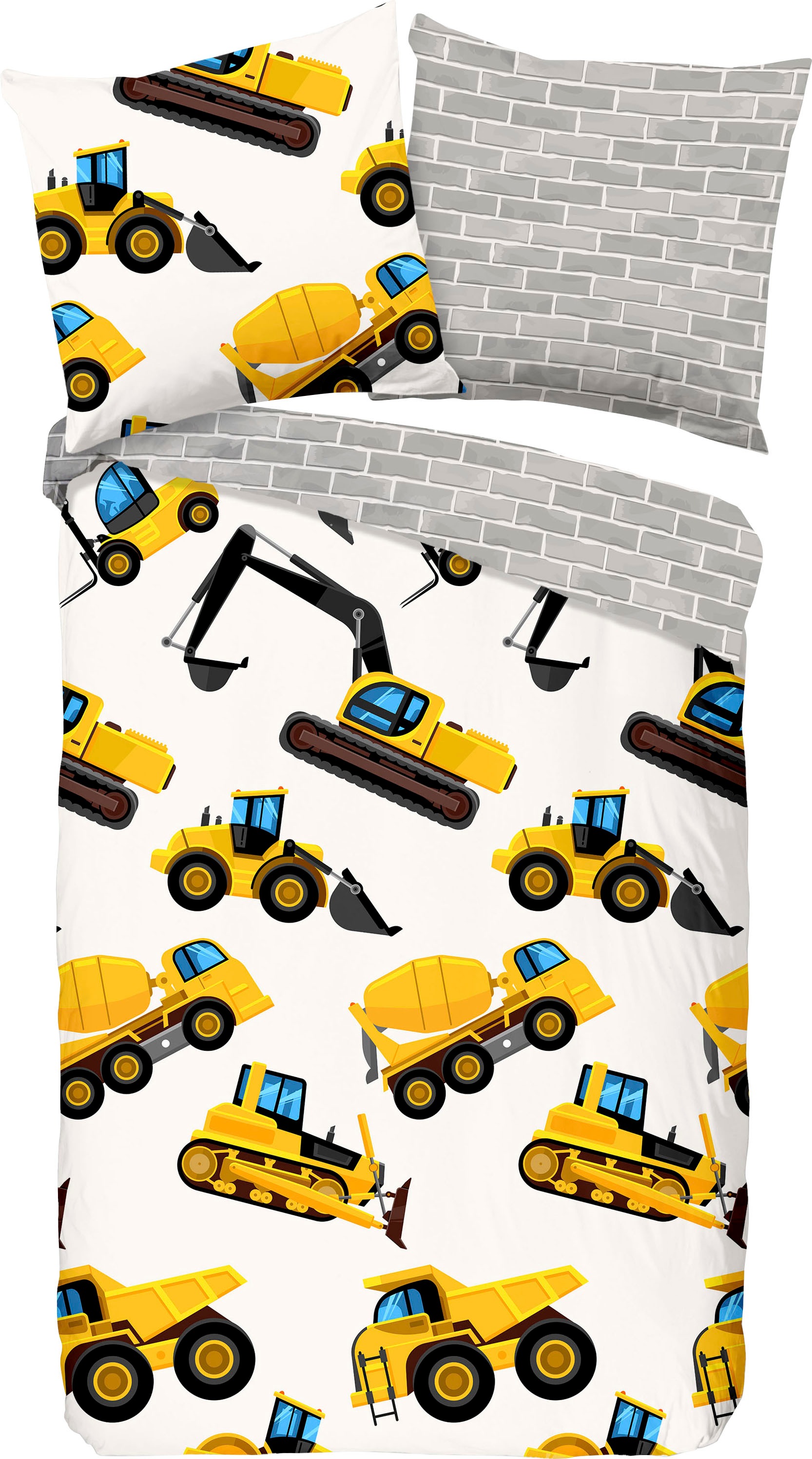 good morning Kinderbettwäsche »Dig«, Biber, 135x200, Weich, Warm, Reissverschluss, Wende, Kind, Fahrzeuge
