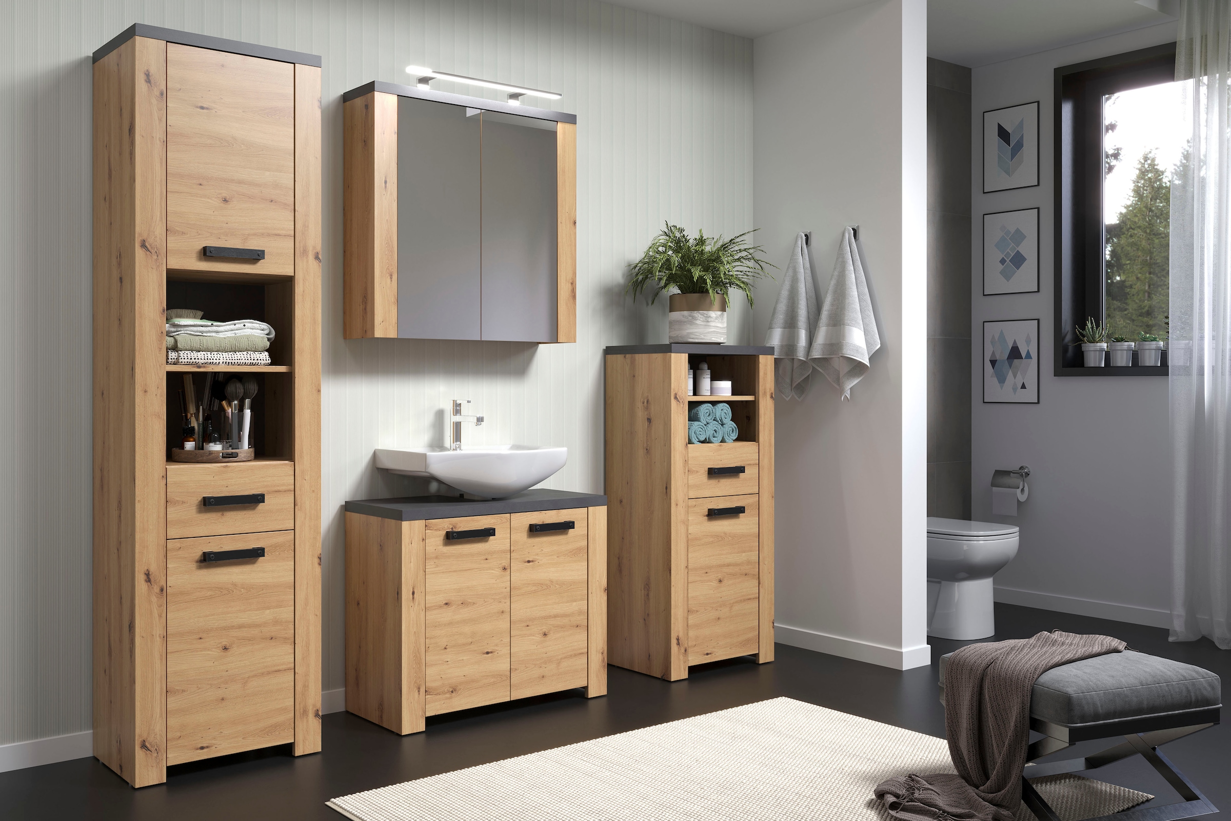Home affaire Waschbeckenunterschrank »Ambres«, Waschtisch in matter Echtholzoptik - Masse (B/T/H) 79/35/67 cm