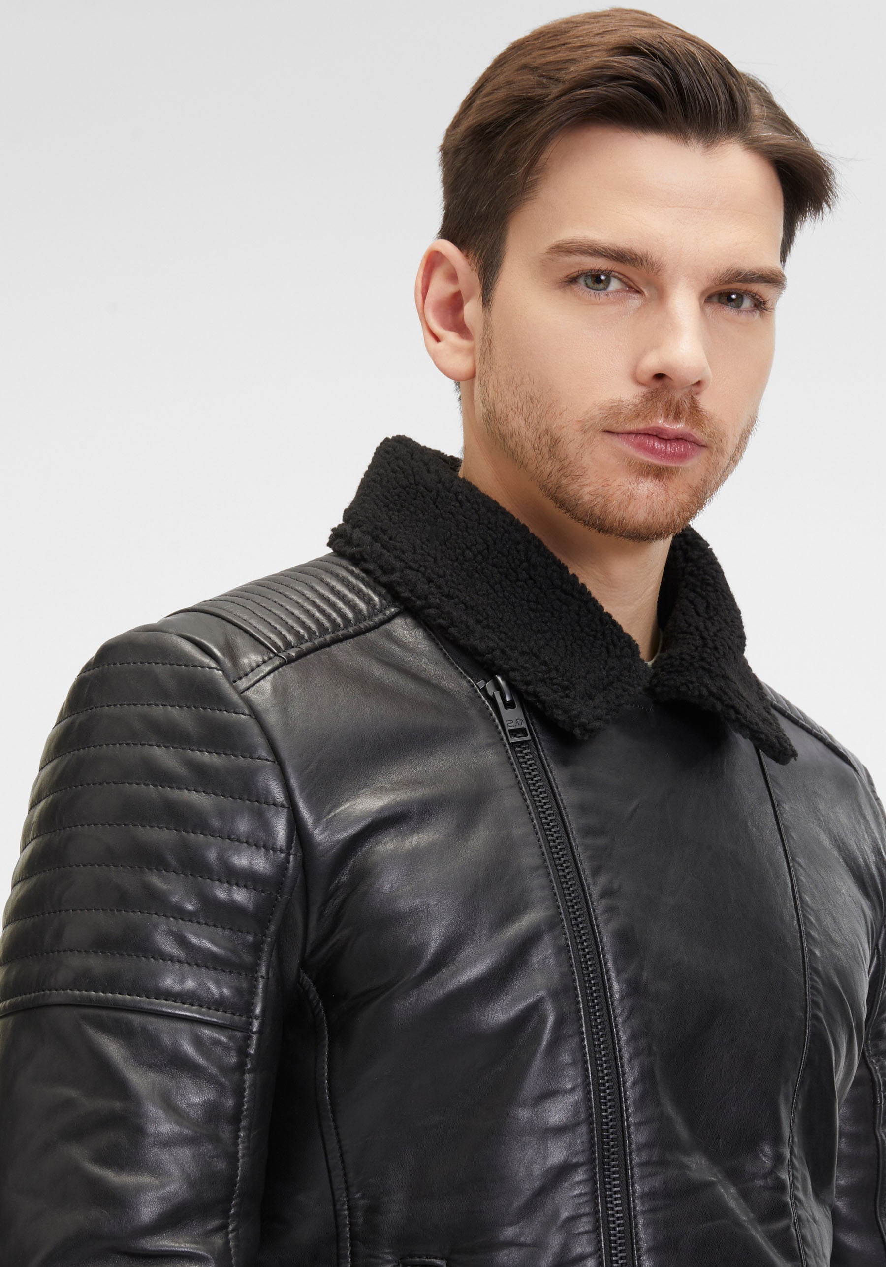 Mauritius Lederjacke »G2MIdor SF«, Reverskragenmit Fellimitat, asymetrischer Reissverschluss