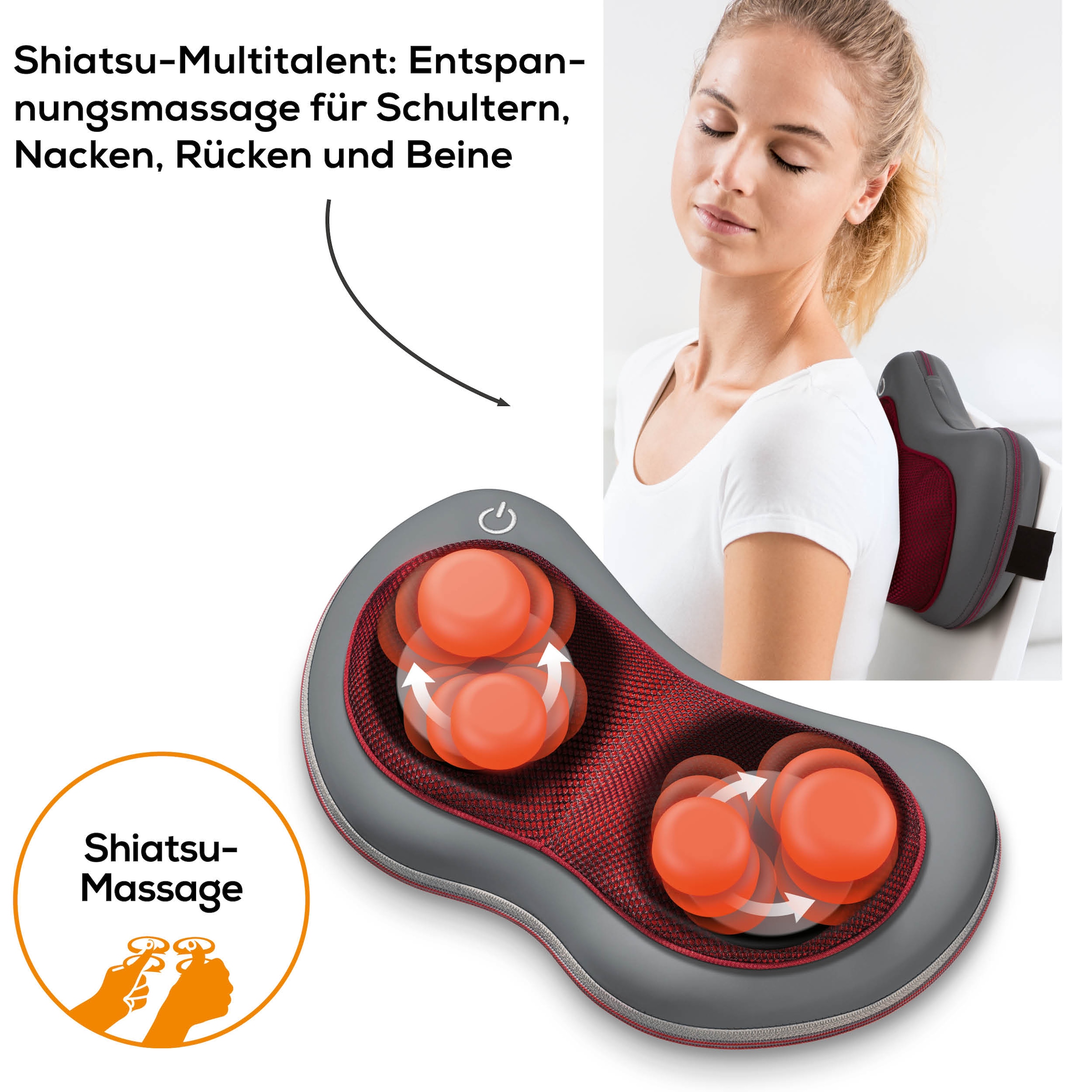 BEURER Shiatsu-Massagekissen »MG 149 für wohltuende Shiatsu-Massagen mit 4 Massageköpfen«, Mit Licht- und Wärmefunktion, waschbarer Bezug bei 30°C