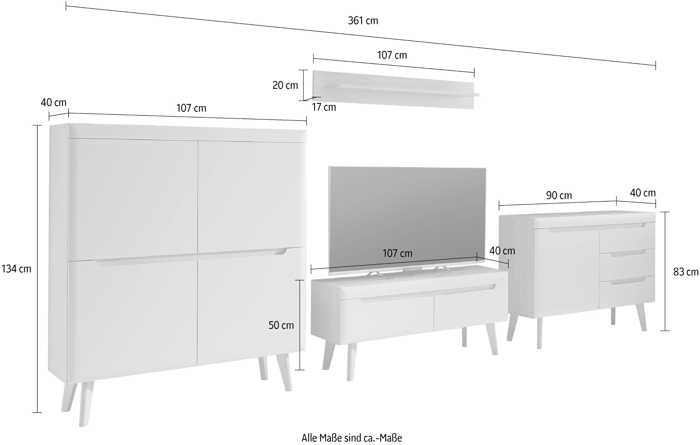 INOSIGN Wohnwand »Torge, Anbauwand, Schrankwand, Mediawand, Wohnzimmer-Set«, (4 St.), enthält Lowboard, Sideboard, Highboard + Wandboard, 361 cm breit