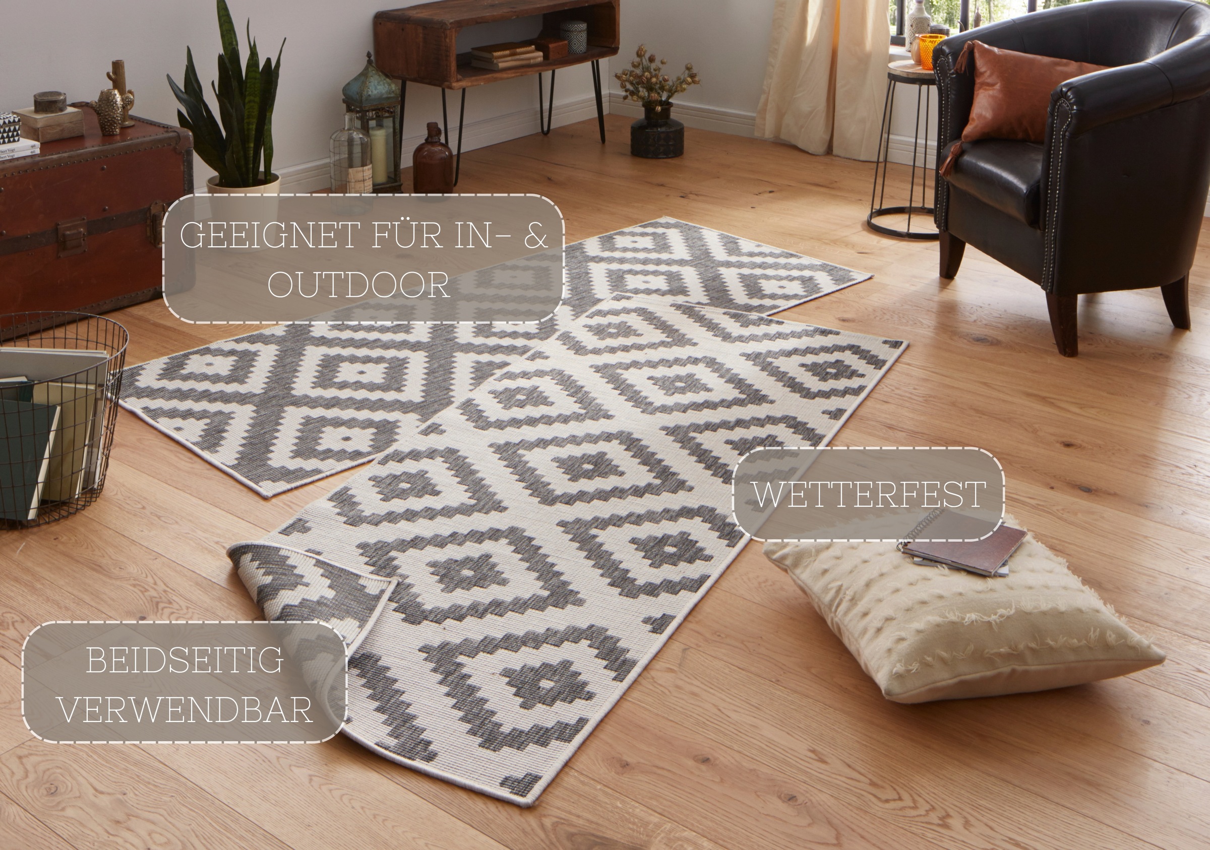 NORTHRUGS Teppich »Malta Wendeteppich«, rechteckig, 5 mm Höhe, In-& Outdoor, Wetterfest, Balkon, Terrasse, Raute, Läufer, Wohnzimmer