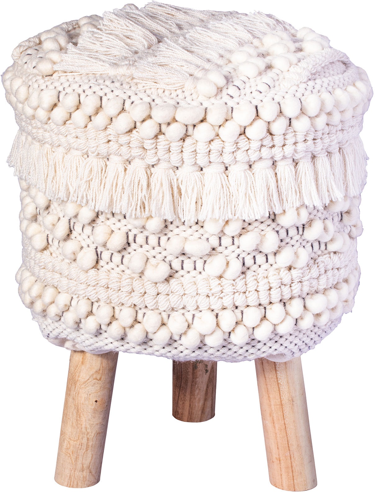 Kayoom Sitzhocker »Hocker Bohist 325, charaktergebende Strukturen mit Fransen und Quasten«, (1 St.), handgefertigtes Unikat, Boho-Style, gut kombinierbar