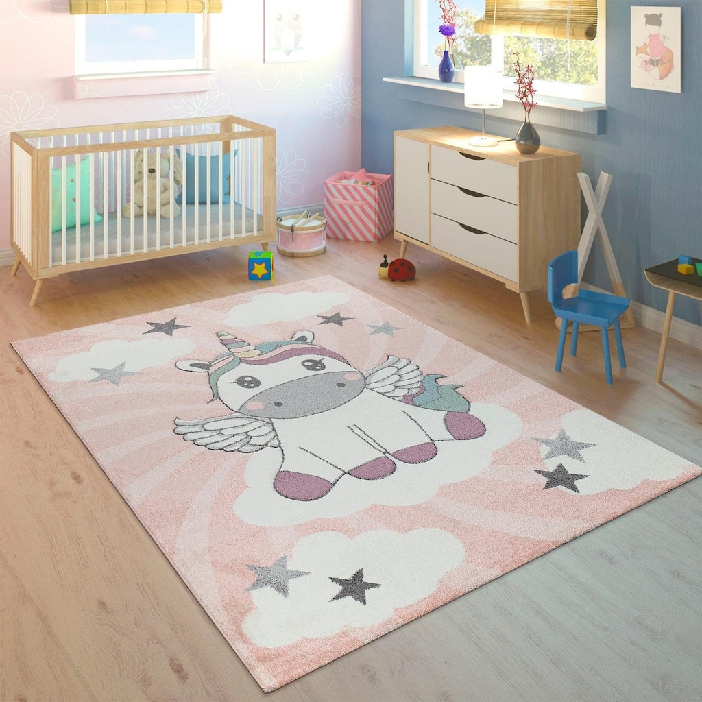 Paco Home Kinderteppich »Cosmo 395«, rechteckig, 3D-Design, niedliches Einhorn Motiv, Pastell-Farben, Kinderzimmer
