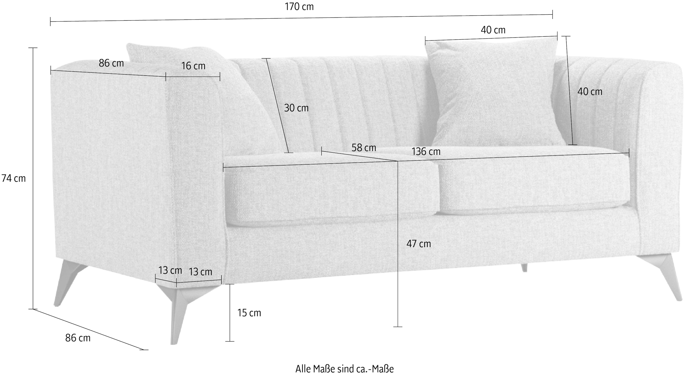 Places of Style 2-Sitzer »MATTHEW elegantes Designsofa, Masse B/T/H: 170/86/74 cm«, Steppung im Rücken, lose Sitzkissen, incl. Zierkissen