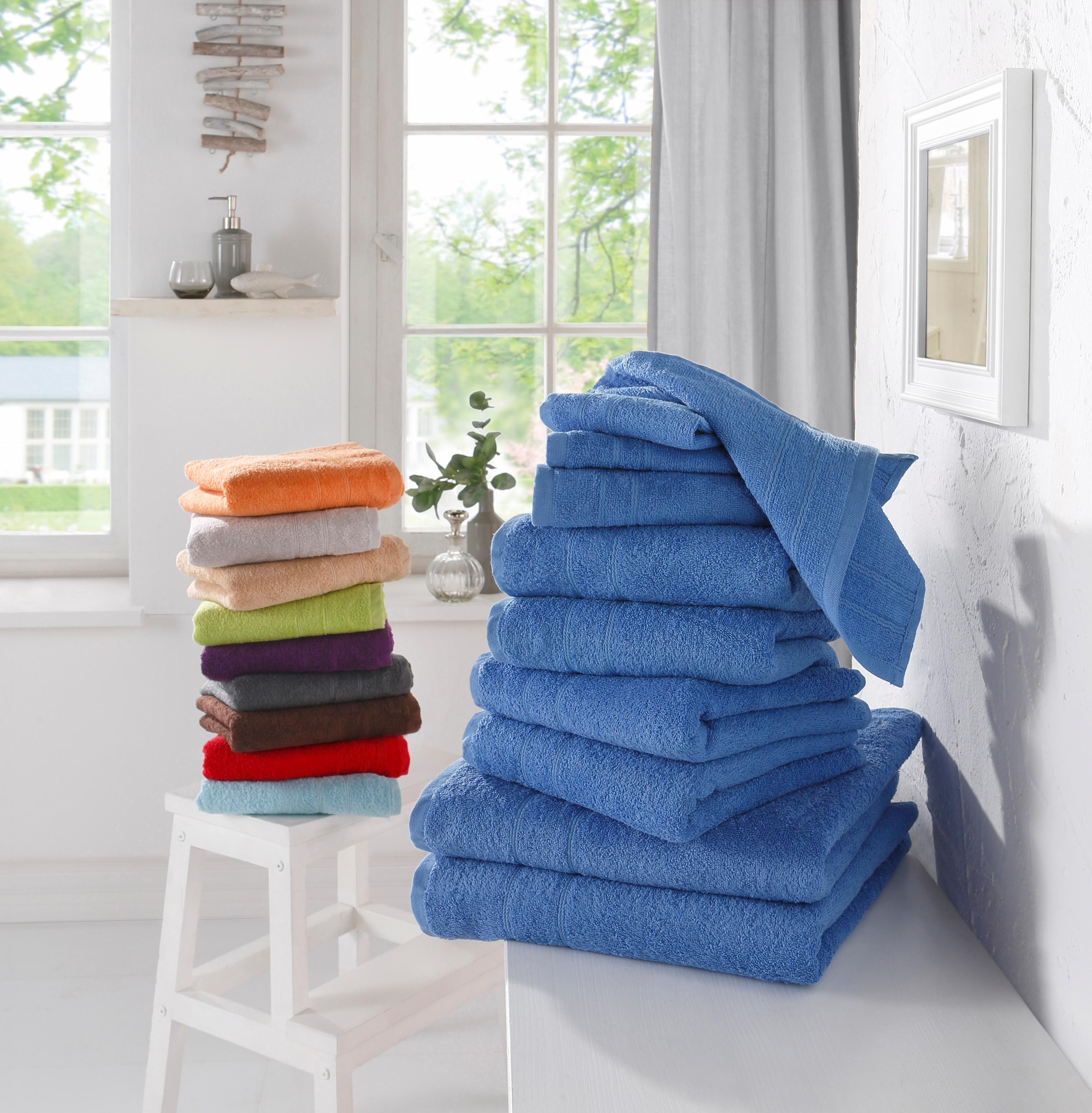 my home Handtuch Set »Inga, Duschtücher, Handtücher, Gästetücher, Seiftücher«, 10 tlg., Walkfrottee, Handtücher mit feiner Bordüre, 100% Baumwolle, einfarbig, weich