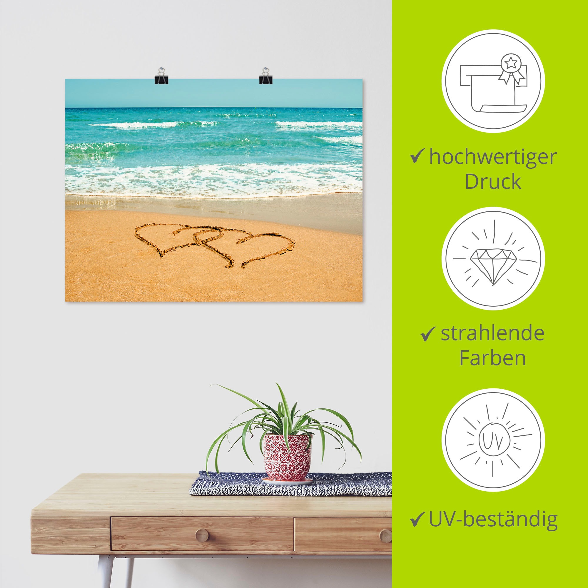Artland Poster »Herzen im Sand«, Strand, (1 St.), als Alubild, Leinwandbild, Wandaufkleber oder Poster in versch. Grössen