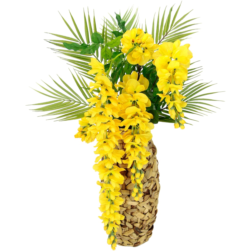 I.GE.A. Kunstblume »Blumenarrangement Goldfarbenregen mit Palmenzweige«, Vase aus Wasserhyazinthe