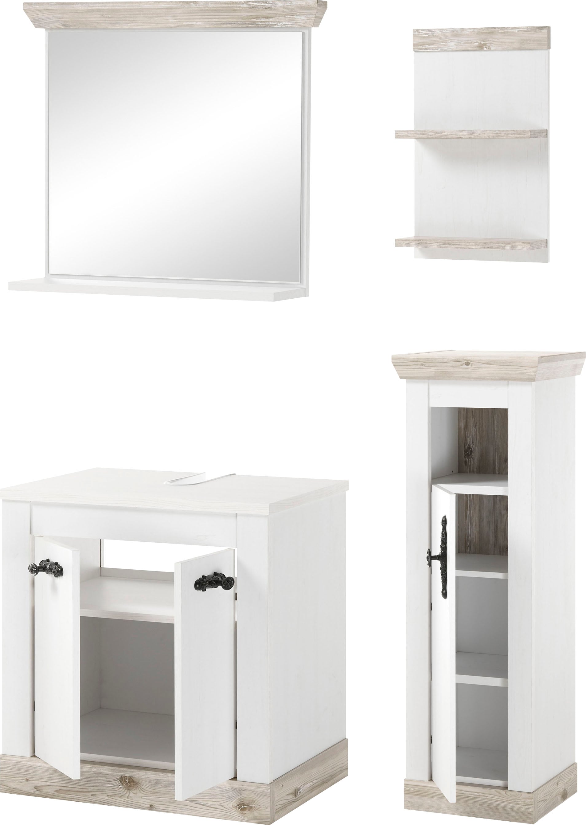 Home affaire Badmöbel-Set »Florenz, Bad im Landhausstil, 4-teiliges Badezimmer«, (4 St.), Unterschrank, Schrank, Wandregal und Spiegel, in Pinie Weiss, Stauraum