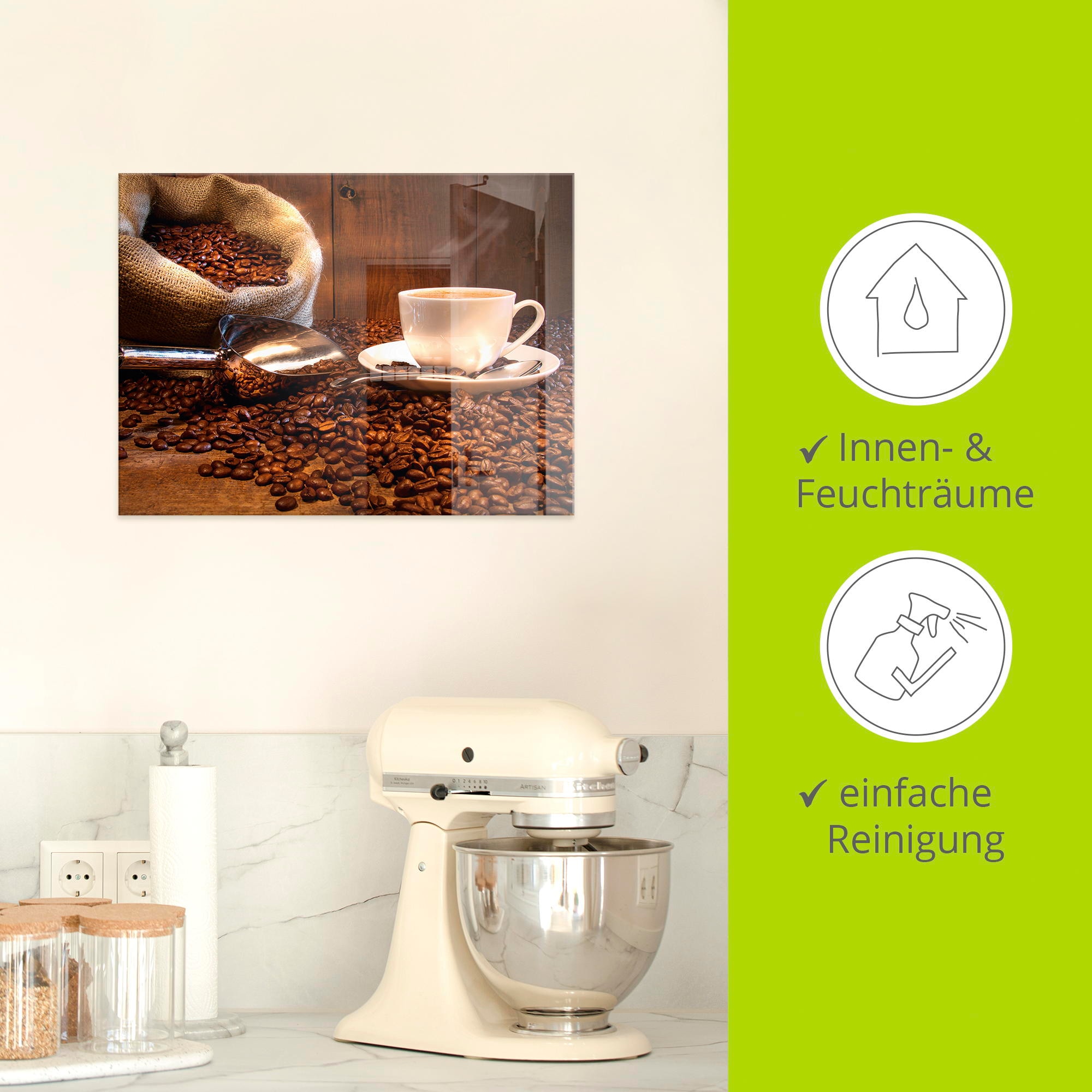 Artland Glasbild »Kaffeetasse und Leinensack auf Tisch«, Getränke, (1 St.), in verschiedenen Grössen