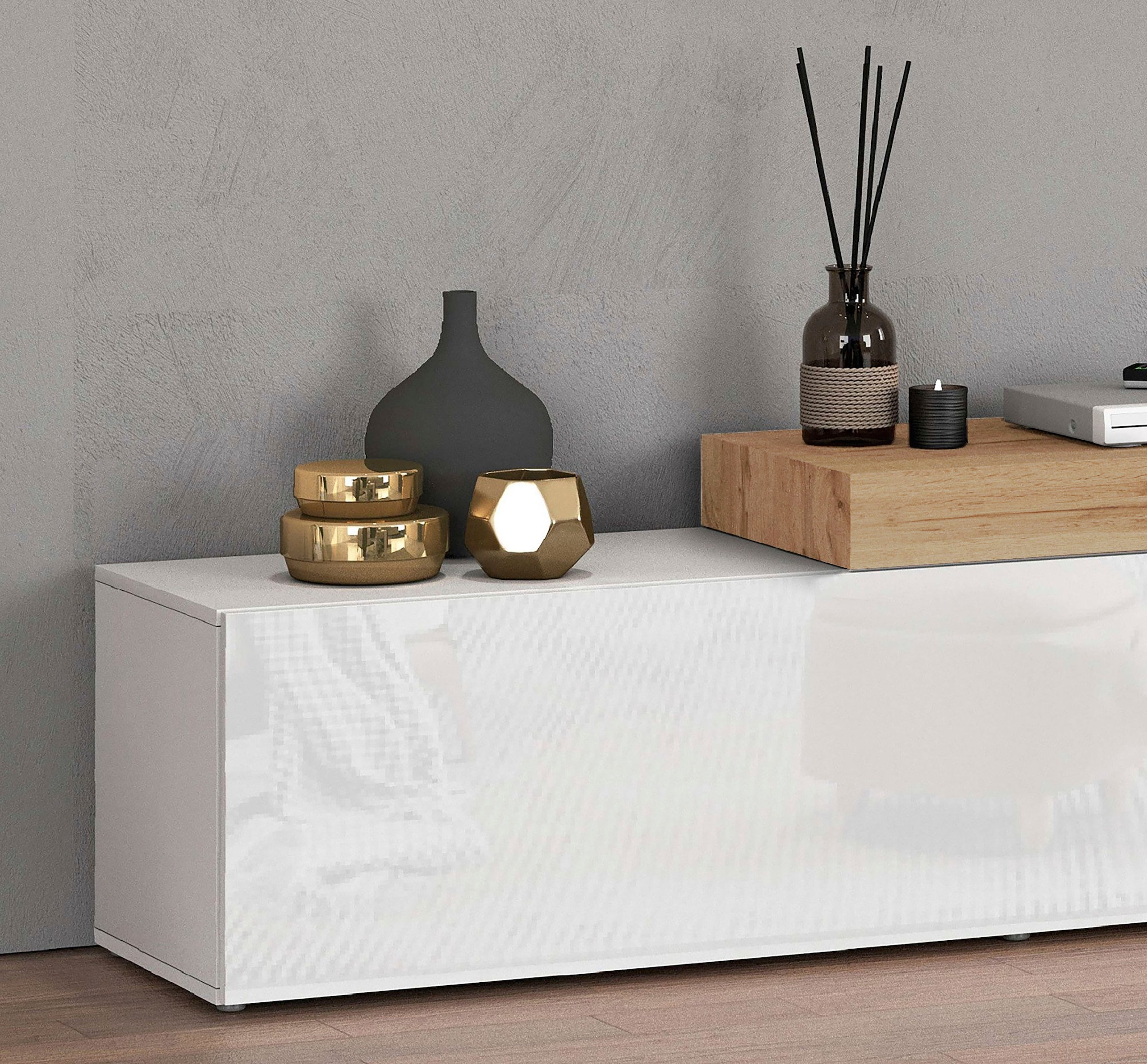 INOSIGN Lowboard »Chronos TV-Board, TV-Schrank«, (1 St., Breite verstellbar von 190 bis 350 cm), Breite 270 cm TV-Board,Lowboard,1 Klappe und ein L-Förmiger Aufsatz