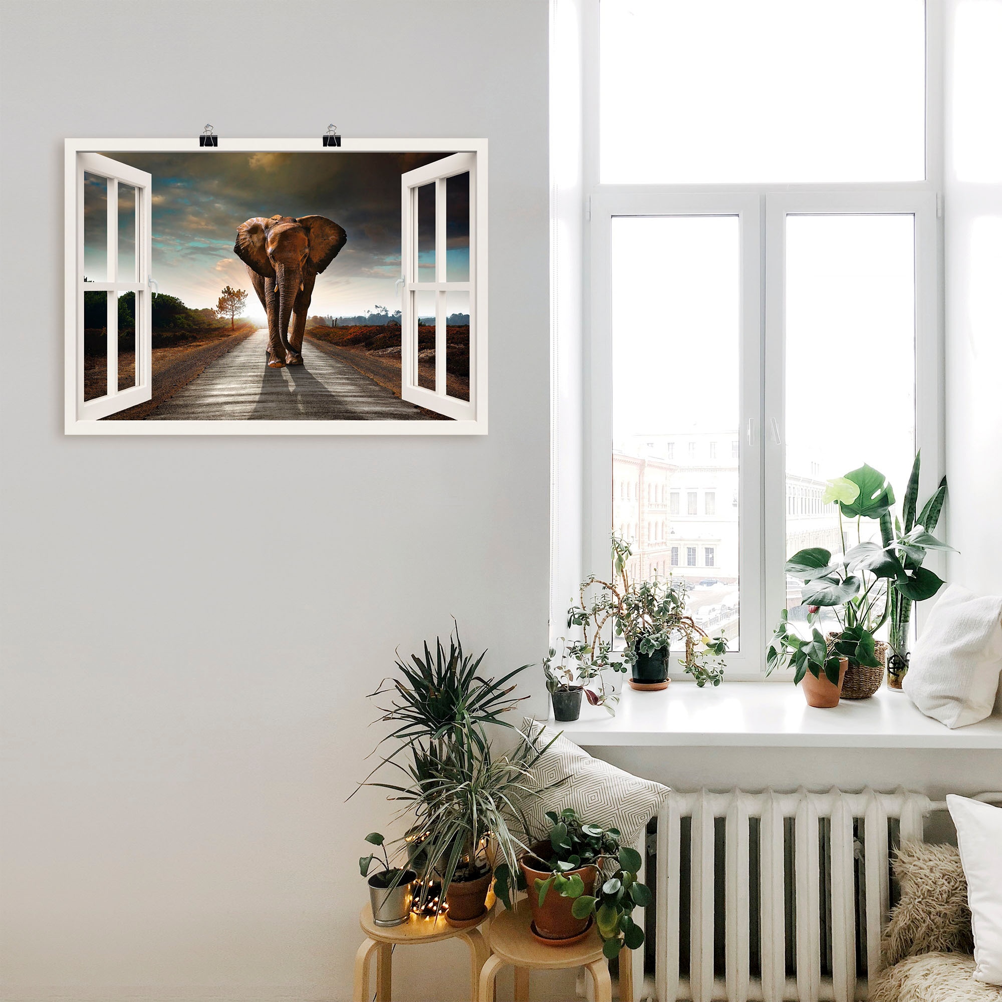 Artland Wandbild »Elefant auf Strasse«, Fensterblick, (1 St.), als Leinwandbild, Poster in verschied. Grössen