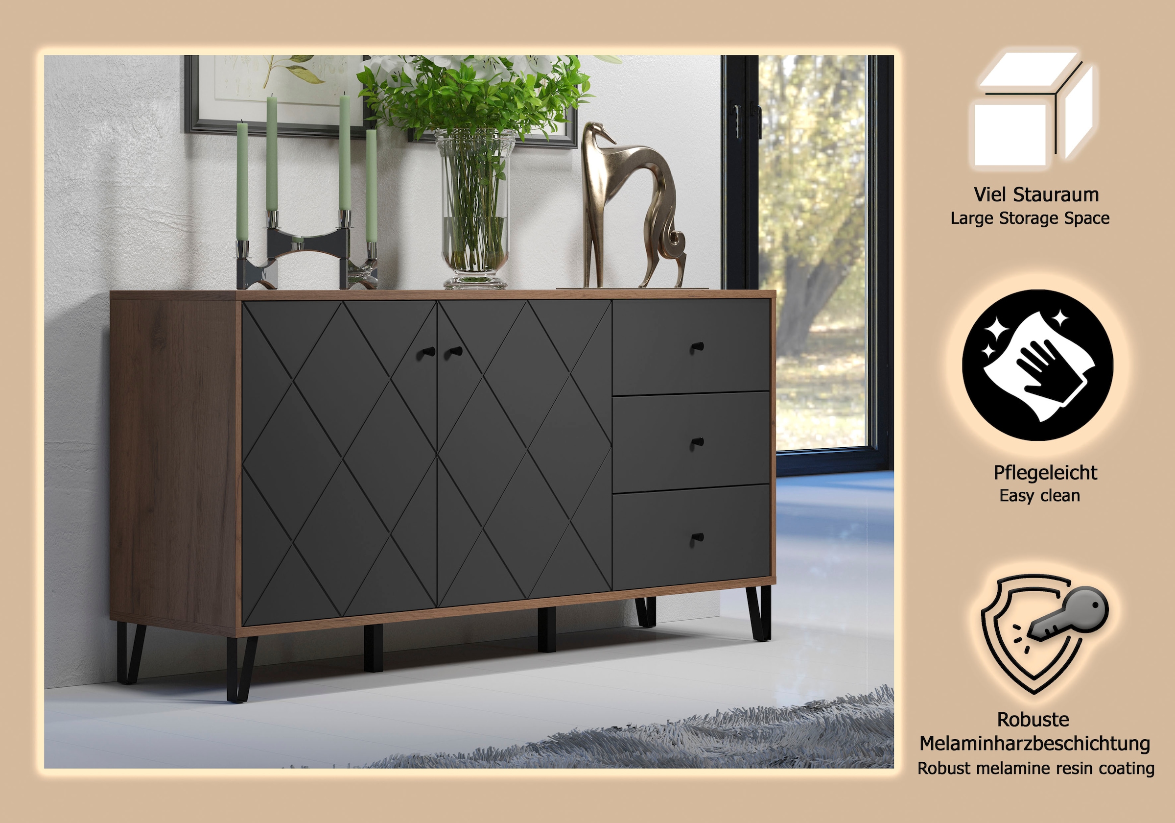 Places of Style Sideboard »Molveno«, (1 St.), Sideboard, 2 Türen, 3 Schubkasten & Soft-Close - (B/T/H) 183/40/76 cm