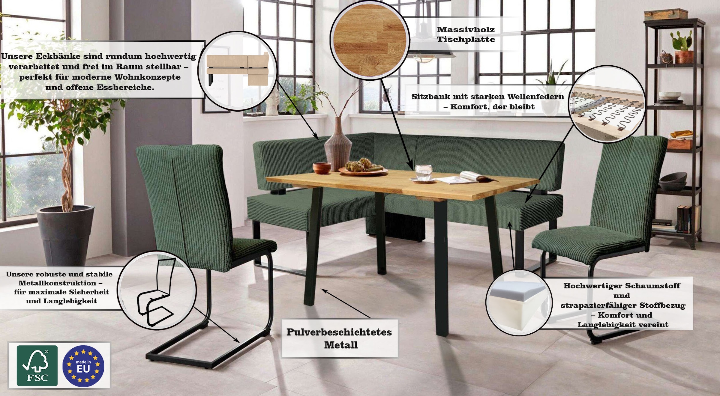Home affaire Eckbankgruppe »Oliver«, (Set, 4 tlg., 4-tlg), Eckbank mit Wellenunterfederung im Sitz, Tisch Massiv Eiche