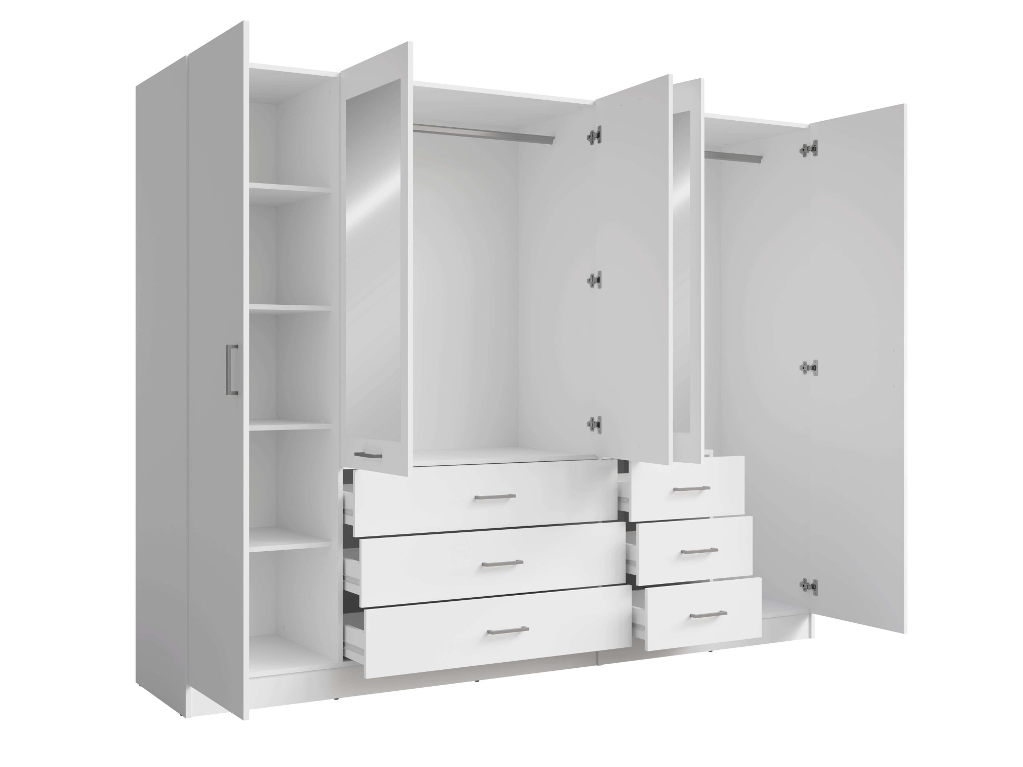 Home affaire Kleiderschrank »KOS Garderobe mit 6 Schubladen, Kleiderstange, 5 Einlegeböden, Spiegel«, Wäscheschrank mit 5 Drehtüren, silberfarben Griffen, Masse B/H/T 250/200/58cm