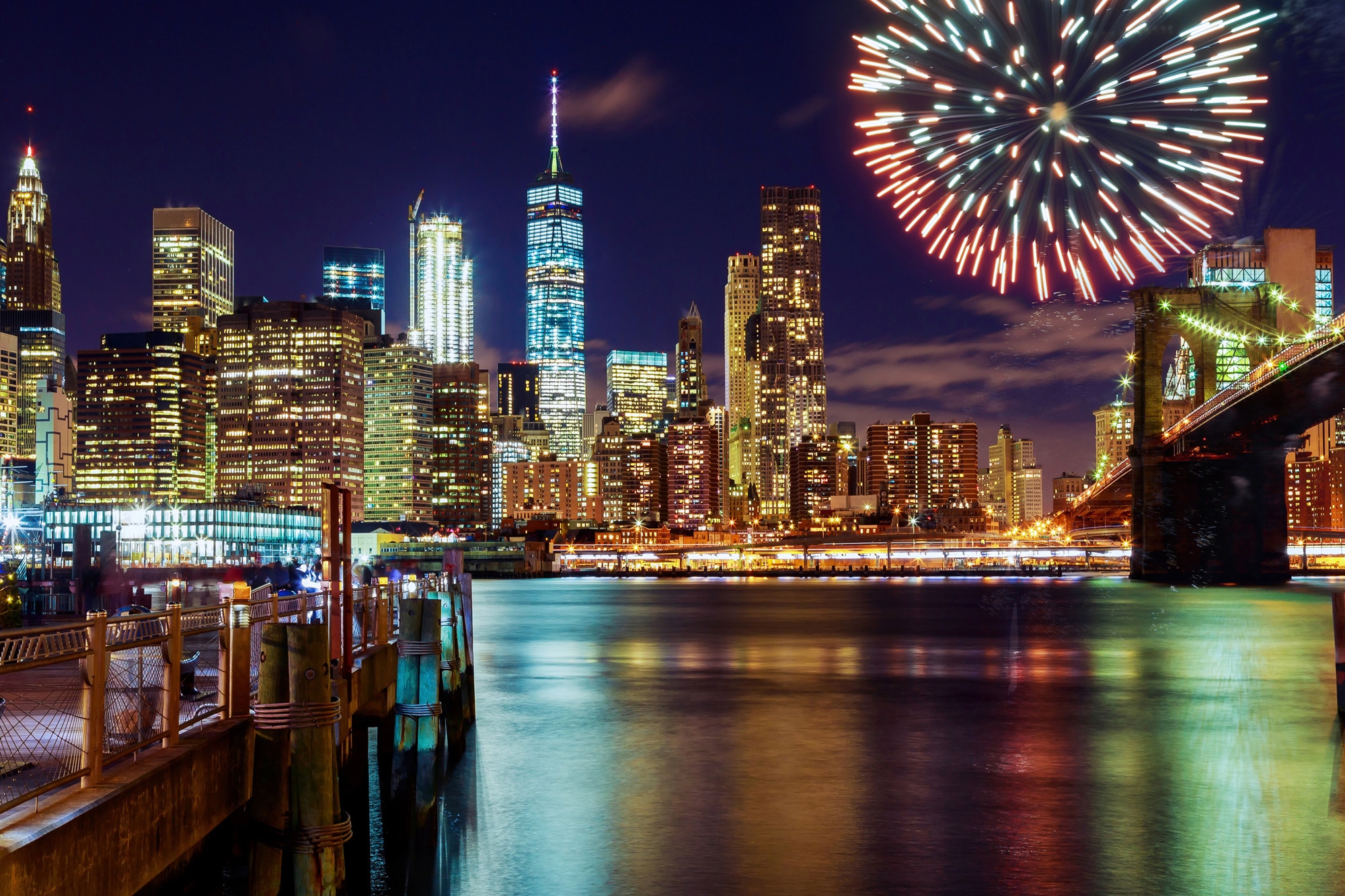 Papermoon Fototapete »MANHATTAN-NEW YORK BROOKLYN BRIDGE FEUERWERK SKYLINE«