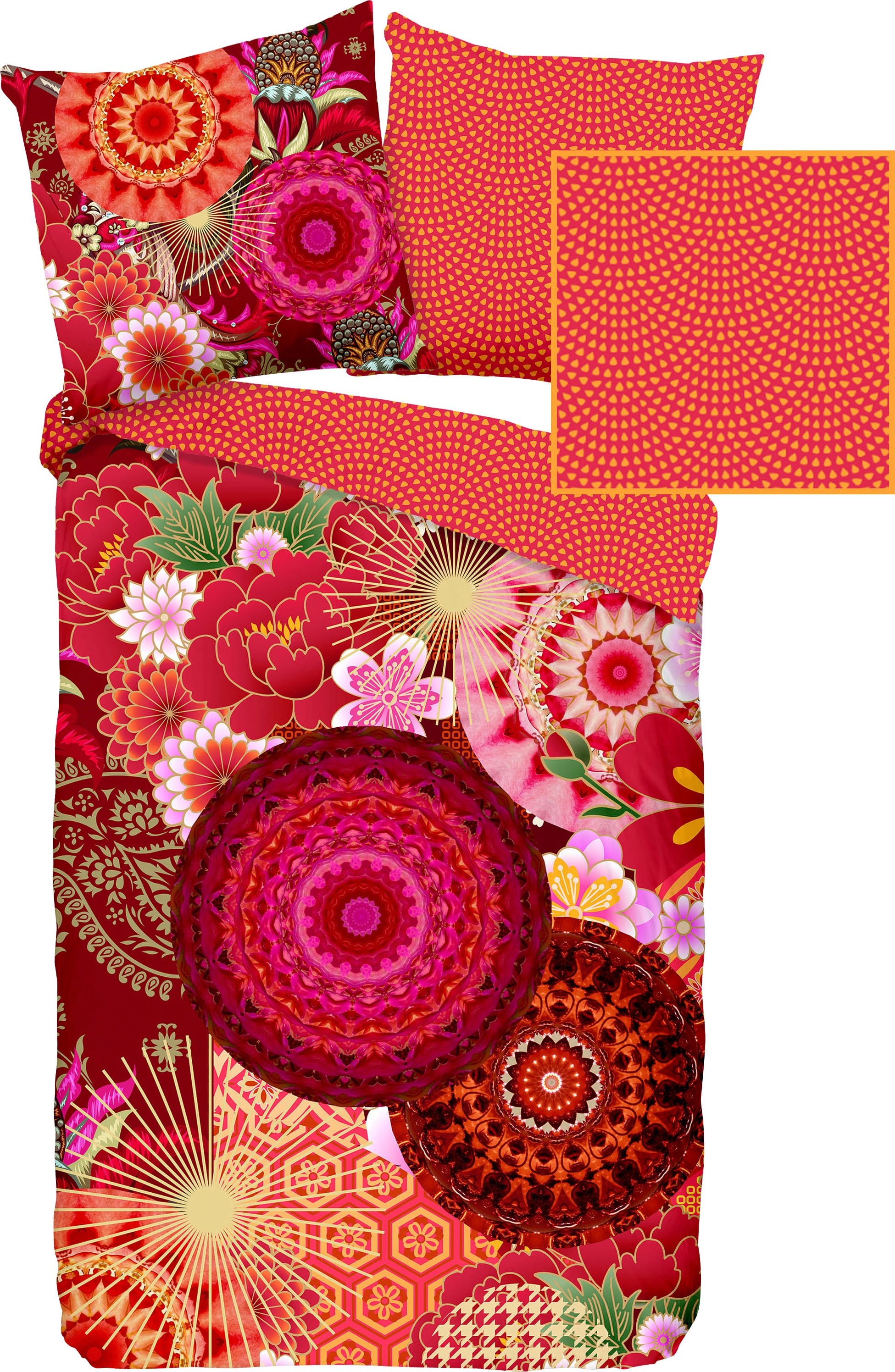 hip Wendebettwäsche »Yuki«, Mako-Satin, 155x220, Reissverschluss, Wendeoptik, Mandala, Bunt, Rot