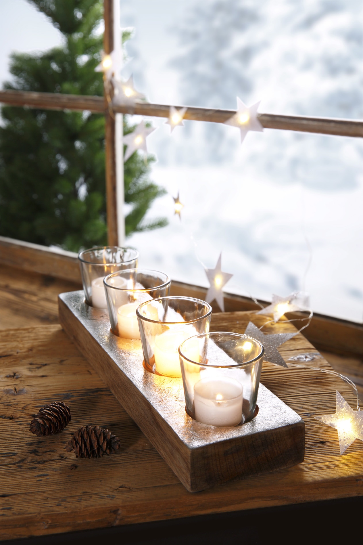 Creativ deco Teelichthalter »Weihnachtsdeko, Adventsleuchter«, aus massivem Holz, weiss gewischt, Länge ca. 35 cm