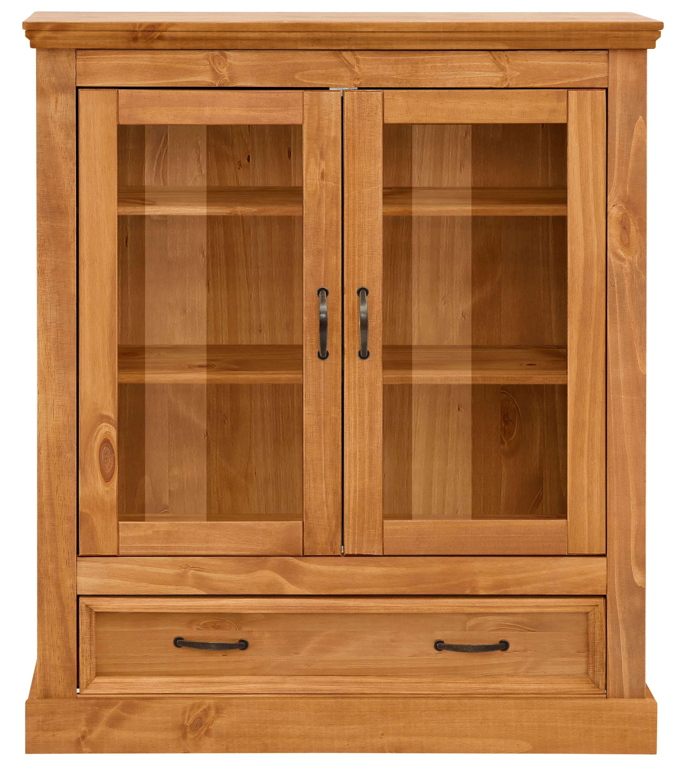 Home affaire Vitrine »Selma Highboard«, aus massivem Kiefernholz, mit Griffen aus antikisiertem Metall