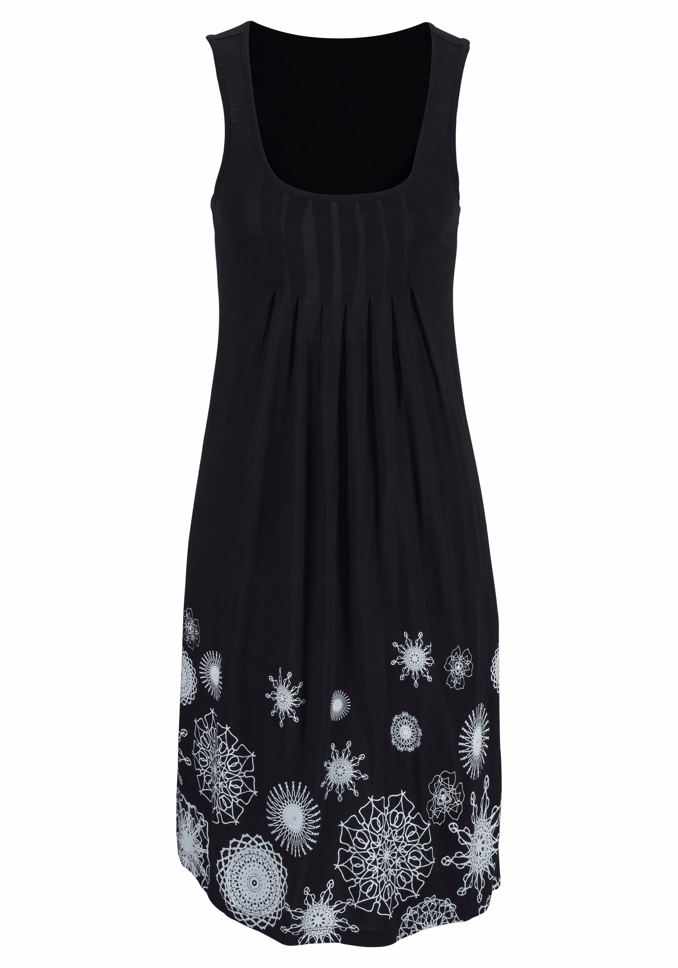 Beachtime by Lascana Strandkleid "mit grafischem Druck am Saum, lockeres Hängerchenkleid mit Zierfalten" Ohne Taschen Leichtes Sommerkleid aus Viskose, Jerseykleid, A-Linien-Kleid, casual