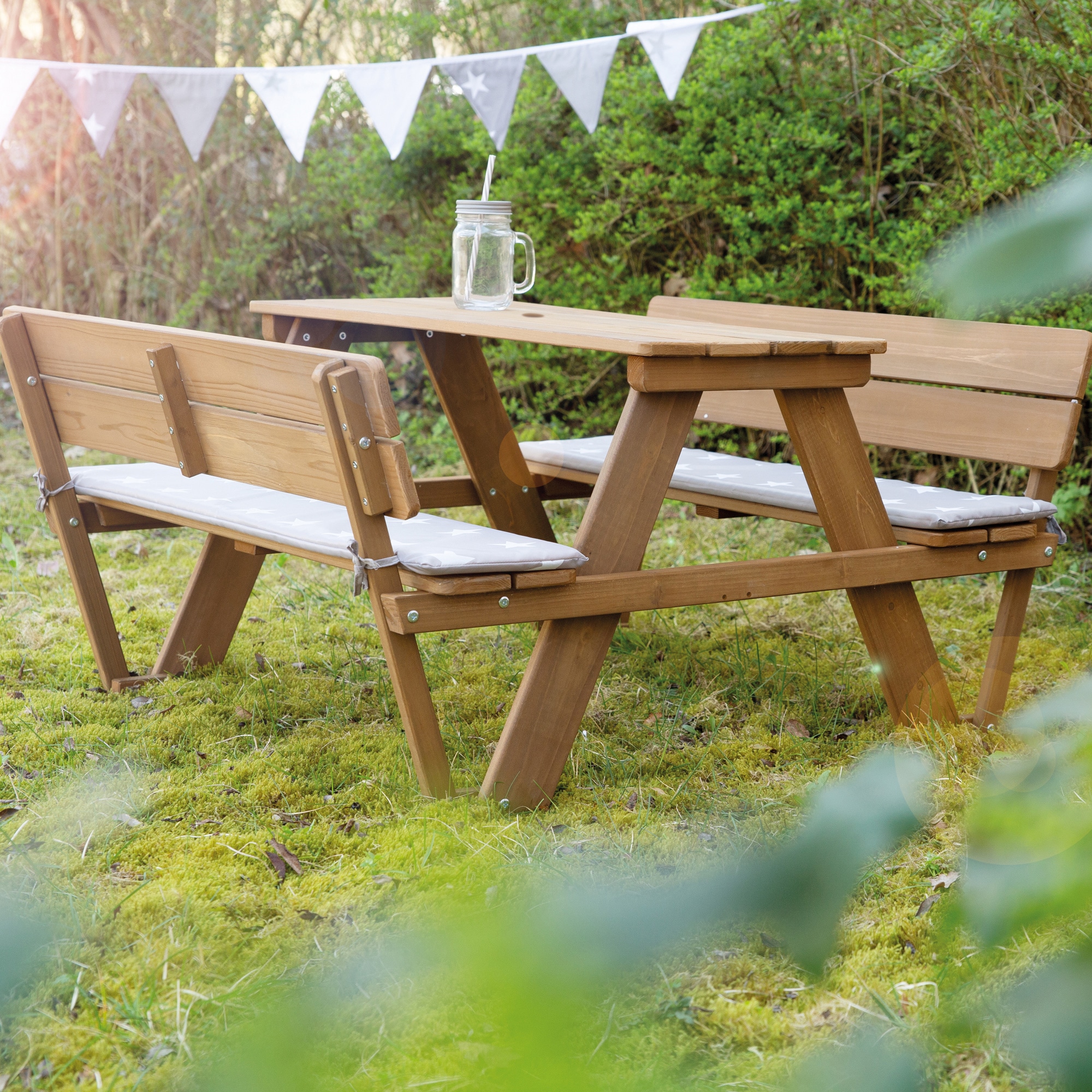 roba® Kindersitzgruppe »Picknick for 4 Outdoor +, Teakholz-Optik«, (Set), mit Lehne; inklusive Sitzauflagen Â»Little StarsÂ«