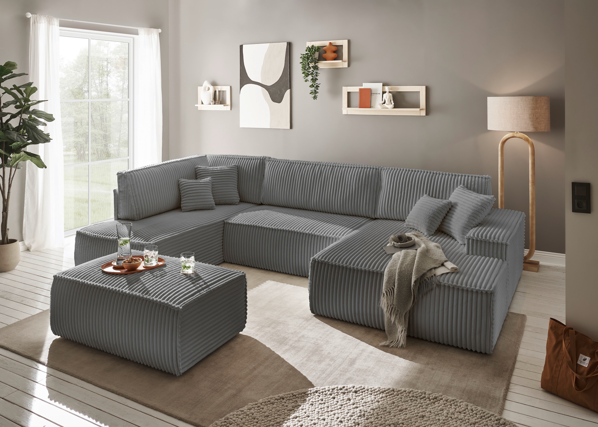 andas Wohnlandschaft »FINNLEY U-Form XXL 329 cm, Schlafsofa, Schlaffunktion m. Bettkasten«, (194/139 cm), Bouclé, Struktur und Cord