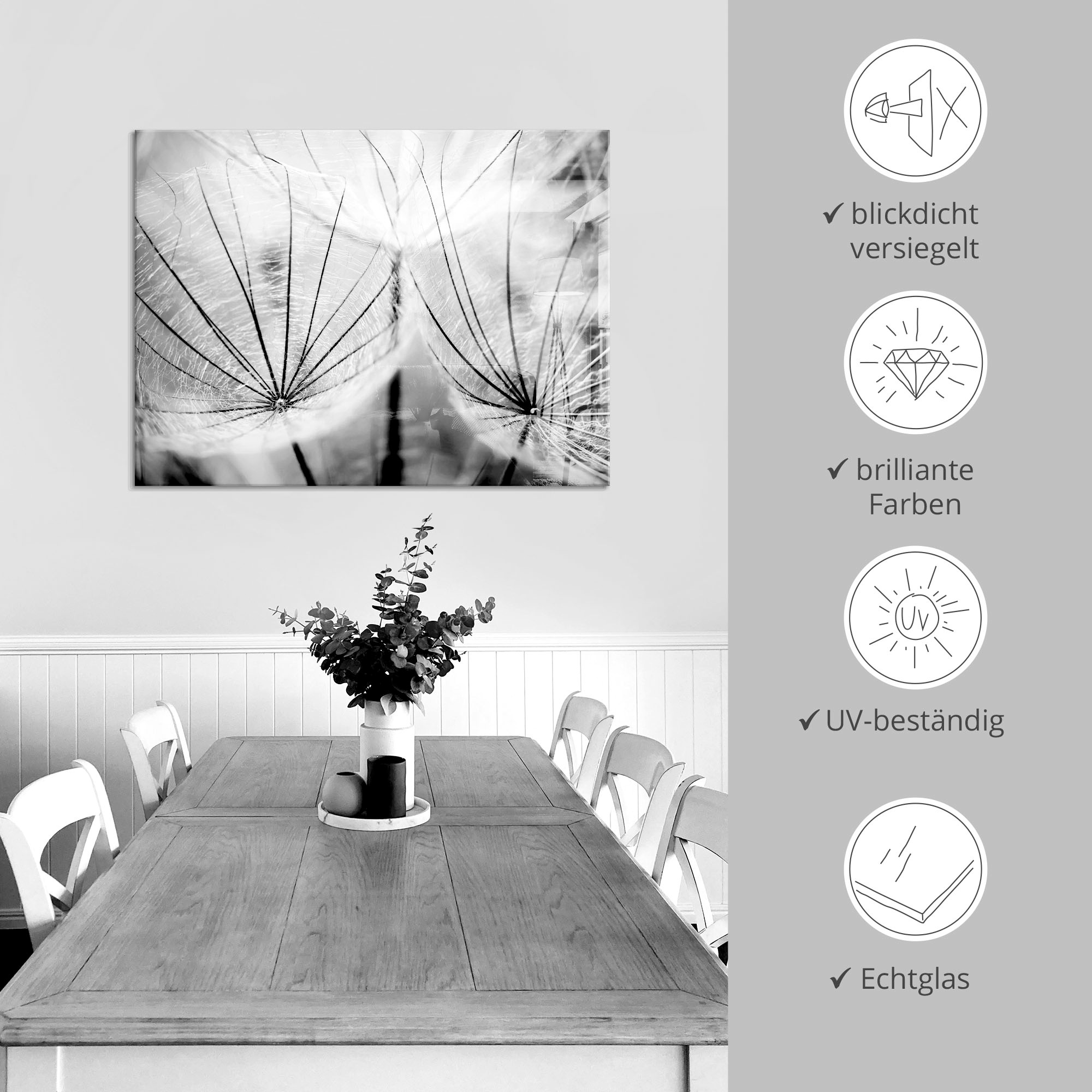 Artland Glasbild »Pusteblume in schwarzweiss«, Blumen, (1 St.), in verschiedenen Grössen