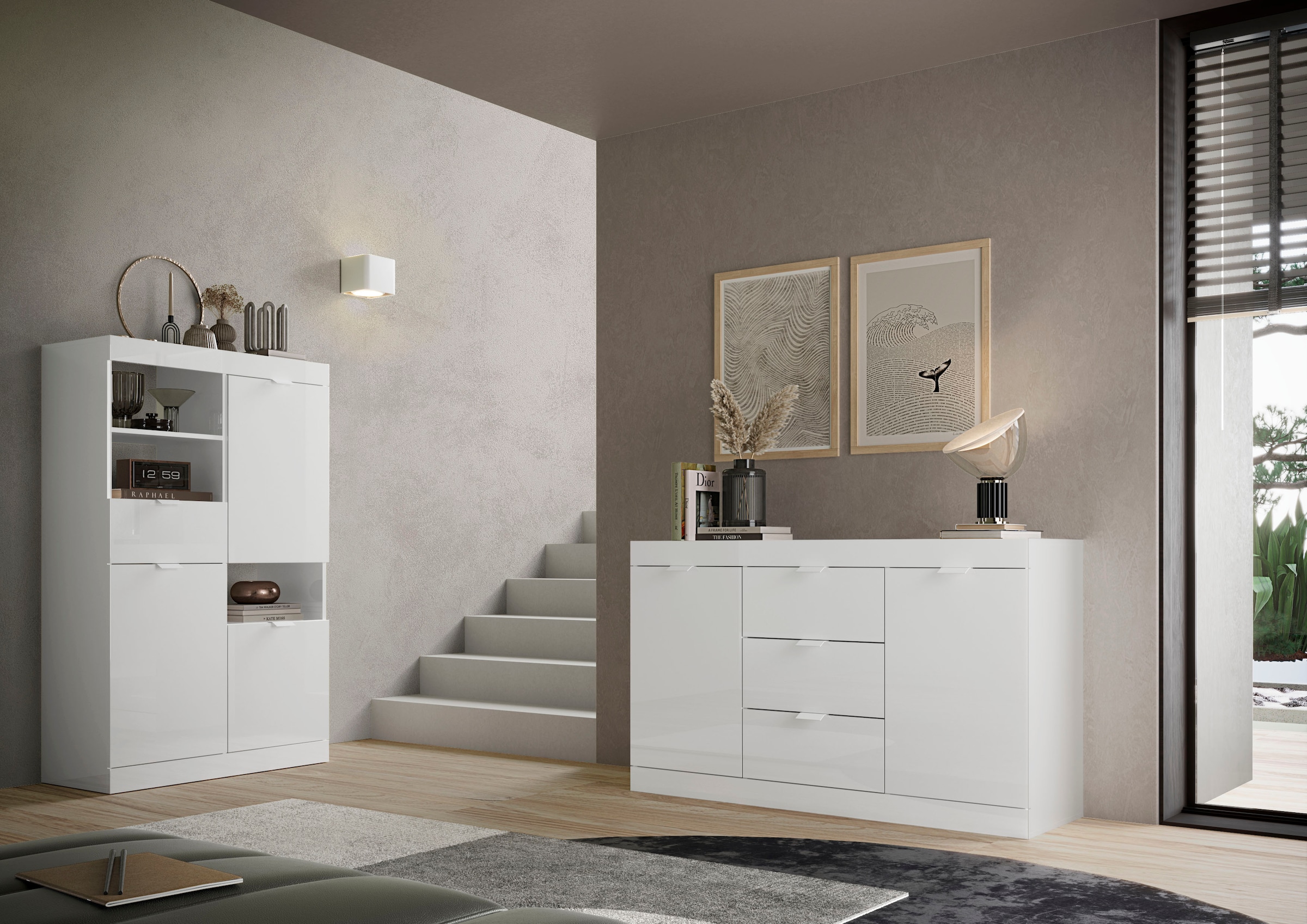 INOSIGN Highboard »Slim«, Breite 91 cm, weiss Hochglanz Lack