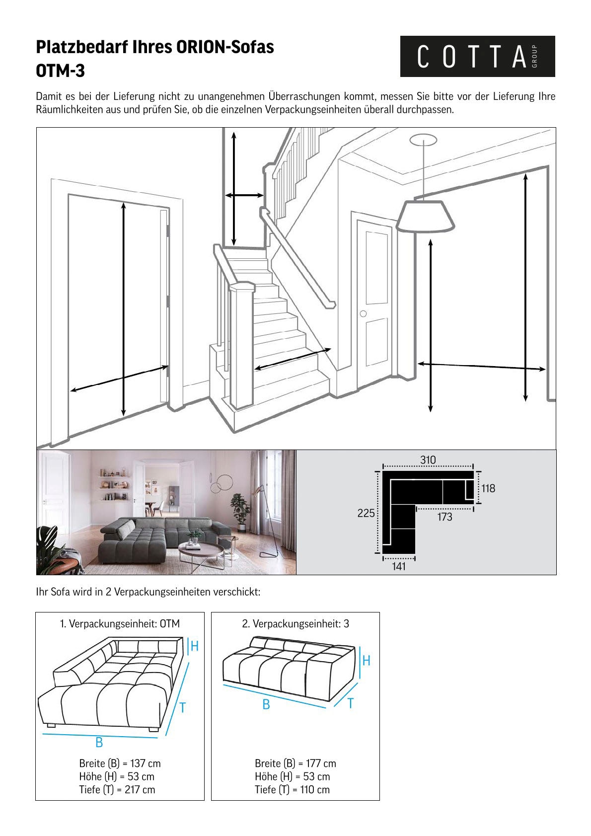 COTTA Ecksofa »Orion L-Form«, mit Ottomane, inklusive verstellbarer Kopfstützen und 5 Nierenkissen