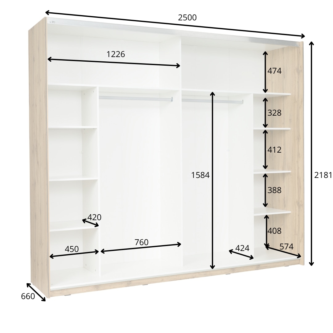 Home affaire Kleiderschrank »Fabella mit Spiegel, 8 Einlegeböden und 2 Kleiderstange«, Garderobe mit 2 Schwebetüren und Spiegel, BxHxT 250x218x66,5 cm