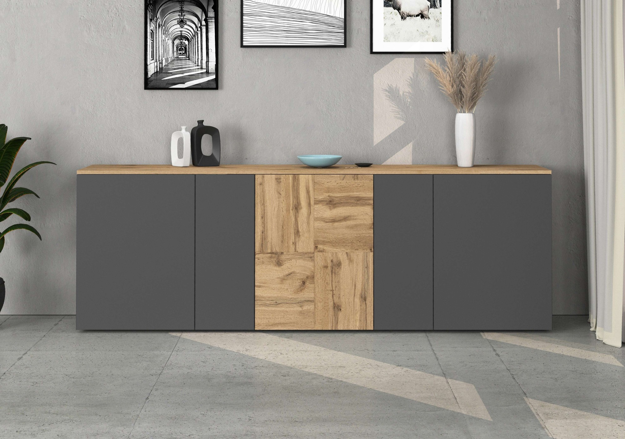 OTTO home Sideboard "ISEO, Kommode, Schrank, Sideboard, Lowboard, 6 Fächer, Breite 200 cm" 1 Stk. tlg. stehend/hängend, 5 Türen, 6 Fächer, Breite 200 cm