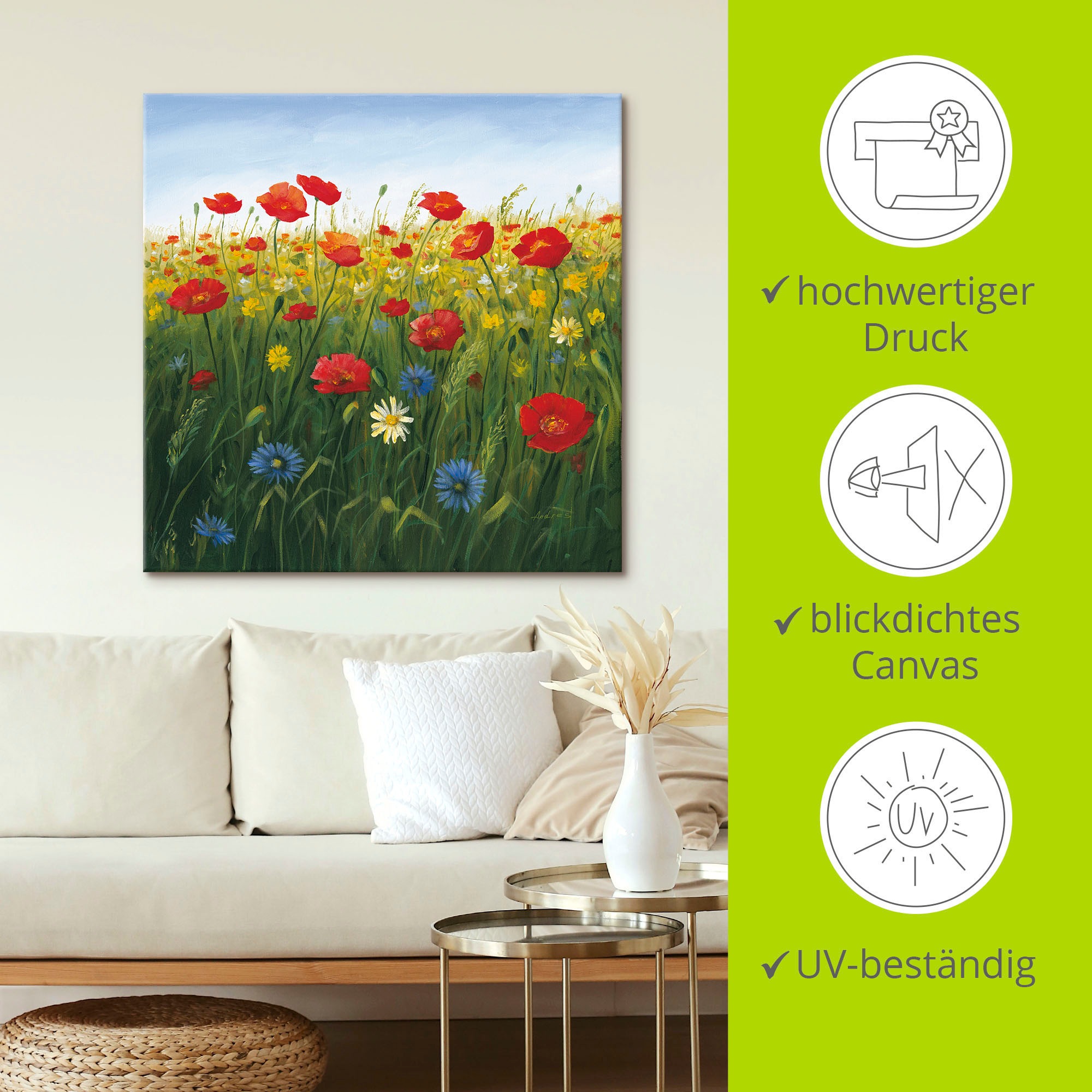 Artland Wandbild »Mohnblumen Landschaft I«, Blumenwiese, (1 St.), als Alubild, Outdoorbild, Leinwandbild, Poster in verschied. Grössen