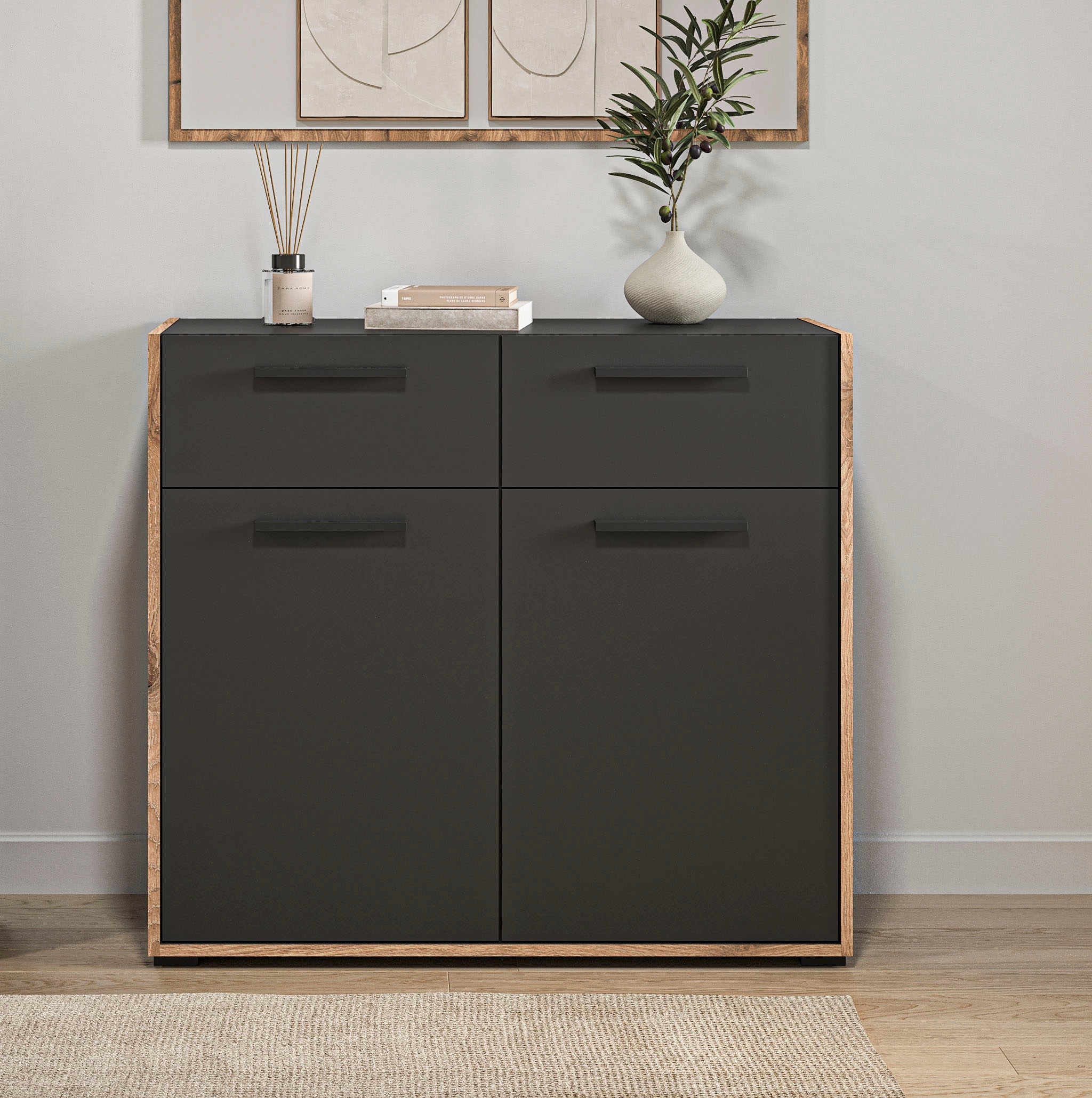 Home affaire Kommode "MUSTA, Breite: 95cm, 2 Schubkästen, 2 Türen, 4 Fächer" Anrichte, Sideborad, Highboard, Schrank, Schuhkommode, Flurkommode