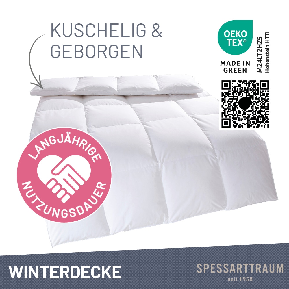 SPESSARTTRAUM Daunenbettdecke »Exklusiv, Bettdecken für Sommer und Winter«, Füllung 100% Daunen, Klasse 1, Downpass zertifiziert, Bezug 100% Baumwolle, nachhaltig (Made in Green), Hausstauballergiker geeignet, (1 St.), 5 Wärmeklassen & 8 Grössen