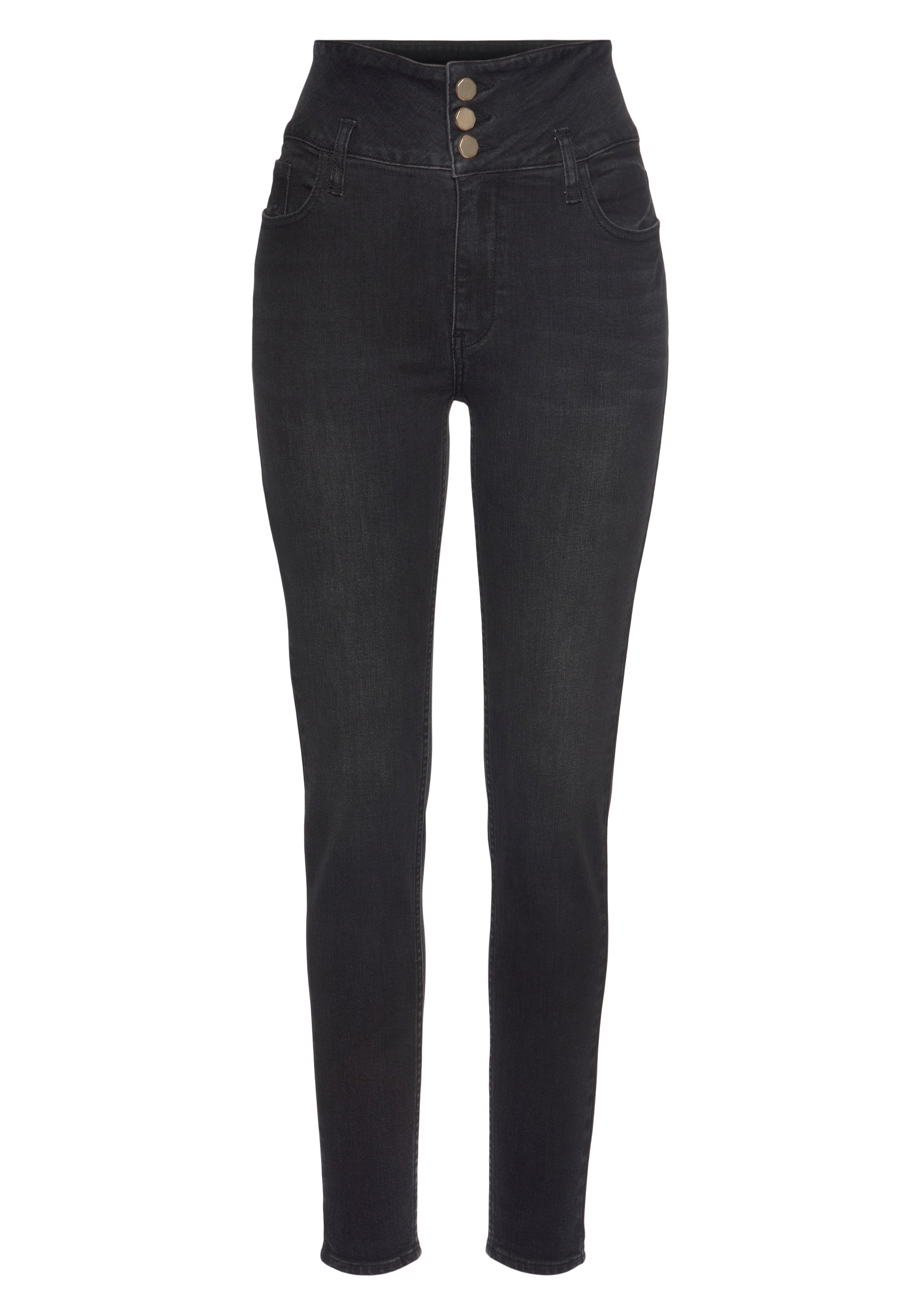 LASCANA High-waist-Jeans, mit goldfarbenen Knöpfen, schmale Form, Stretch-Anteil