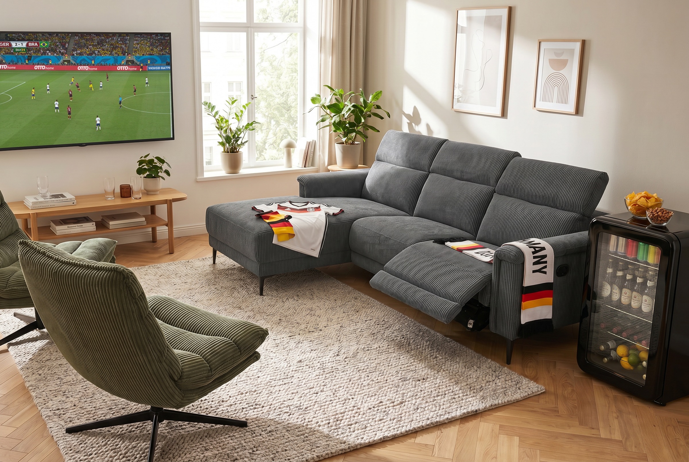 OTTO home Ecksofa "LUND Cord, L-Form, 261 cm, man. o. elektr. Relaxfunktion (mit USB-A)" mit USB A-Anschluss bei elektrischer Variante und Kopfteilverstellung