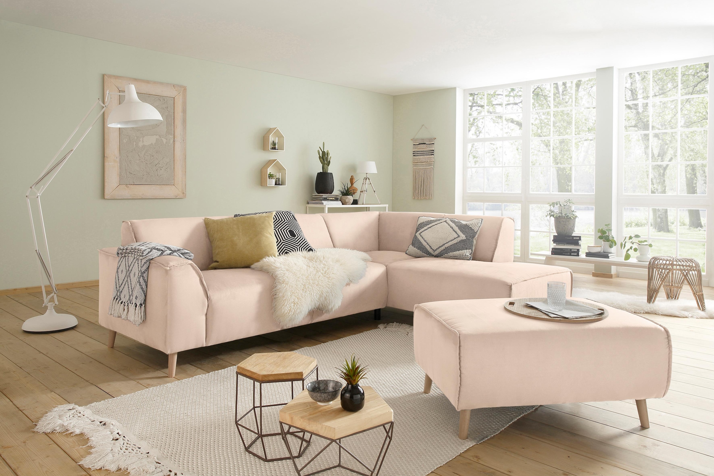 Home affaire Ecksofa »Julia L-Form«, Federkern-Polsterung, Holzfüsse, Keder