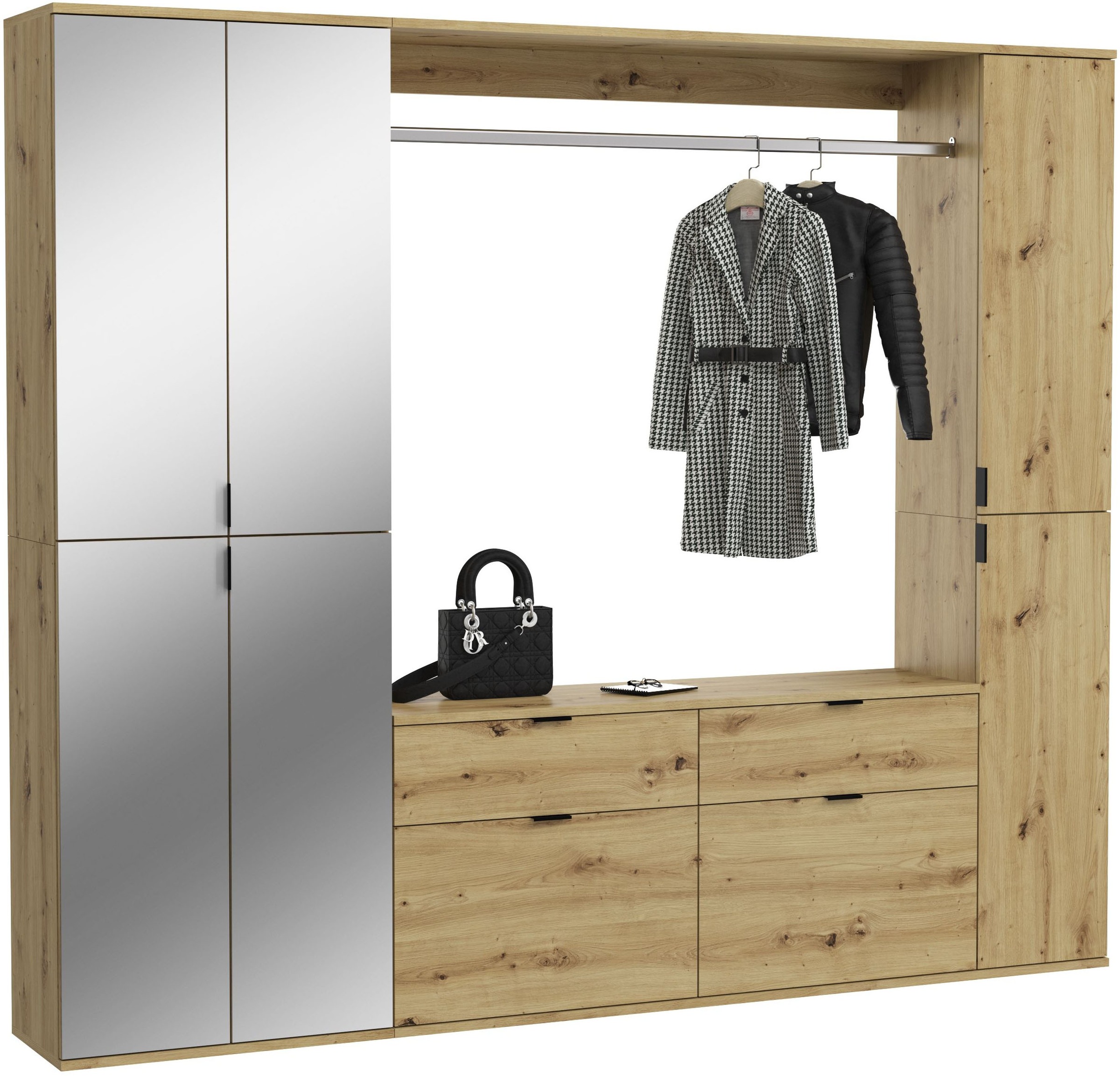 INOSIGN Garderoben-Set »Trondheim, Breite 212 cm, 5-teilig, bestehend aus:«, (Set, 4 St.), 2x Garderobenschrank, 1 Kommode, 1 Garderobenstange, 1 Ablageboden