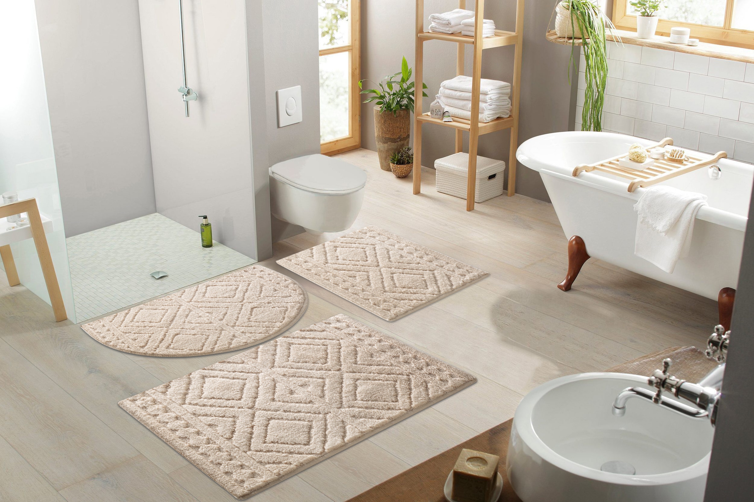 my home Badematte »Louvres, Badvorleger, Badezimmer Teppich, Duschvorleger«, rutschhemmend beschichtet, schnell trocknend, Badteppich, Uni Farben, Hoch-Tief Effekt, Boho-Style