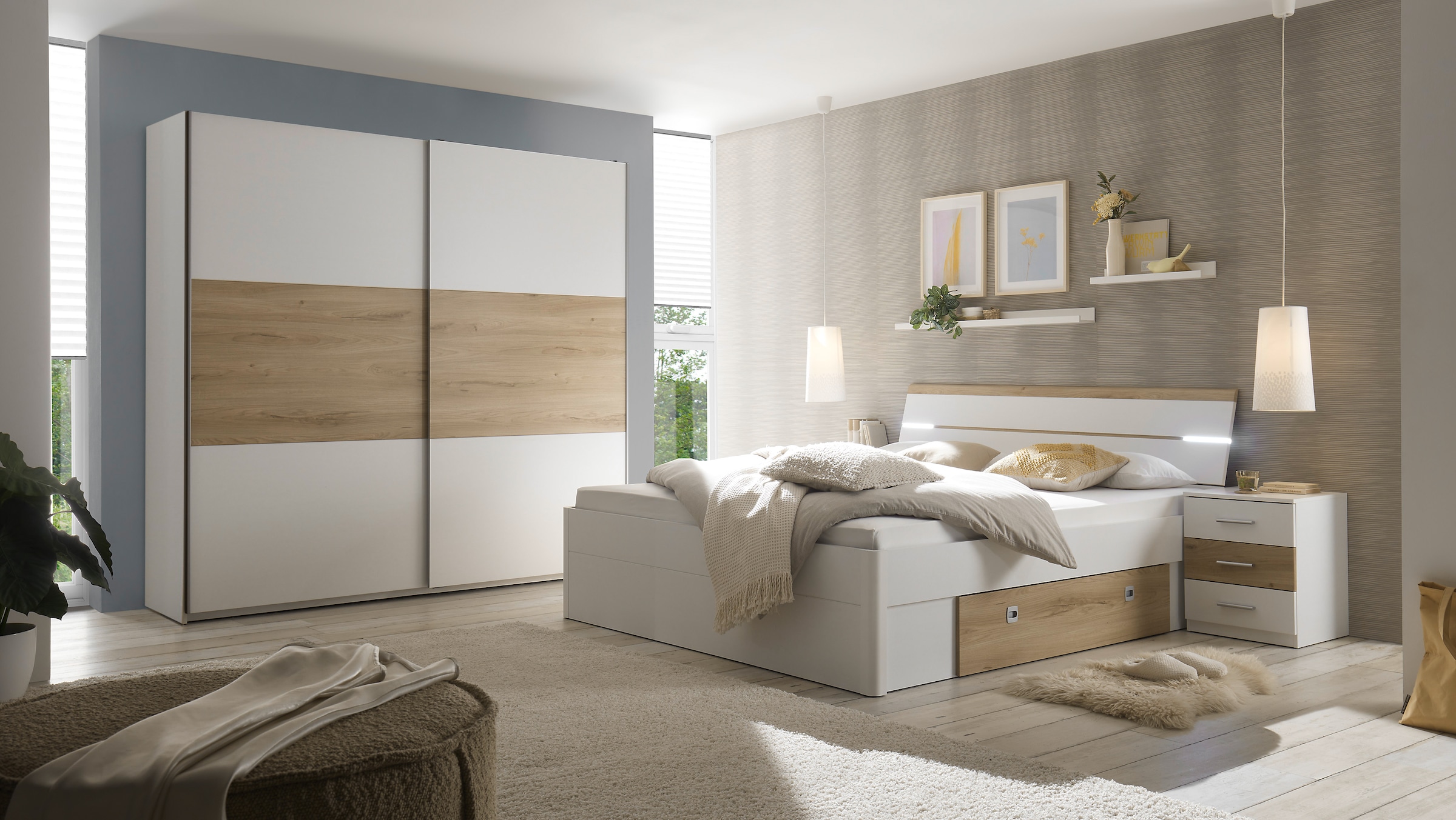Schlafkontor Schwebetürenschrank »Kiara Kleiderschrank, Schiebetürenschrank, Schrank mit Schiebetüren«, Bauchbinde in farblicher Absetzung