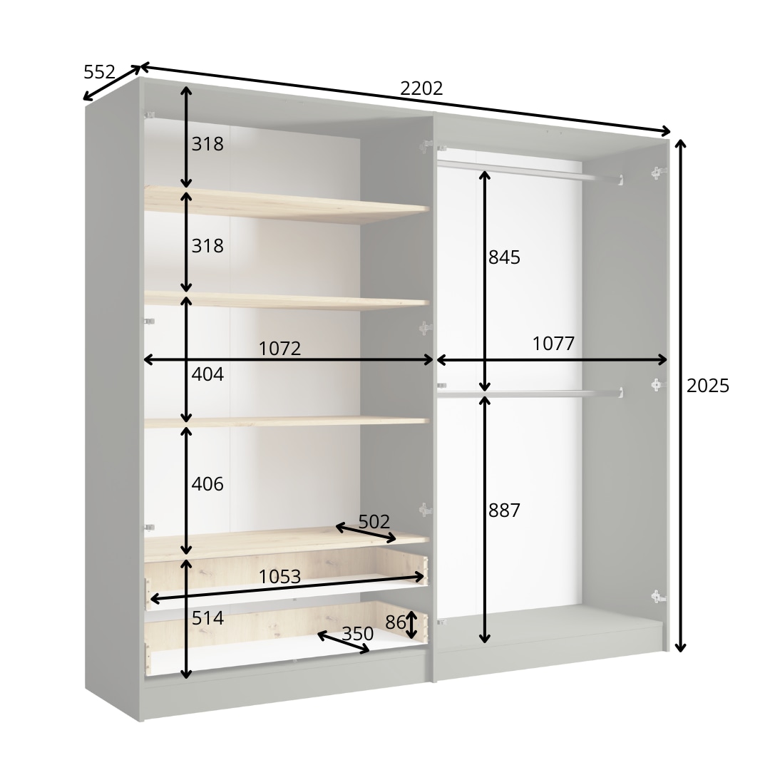 Home affaire Kleiderschrank »Kleiderschrank Loreto mit Schubkästen und Spiegel, B/T/H 220/54/202 cm«, Schrank mit Drehtüren und Schubladen, Spiegel und MDF-Lamellen