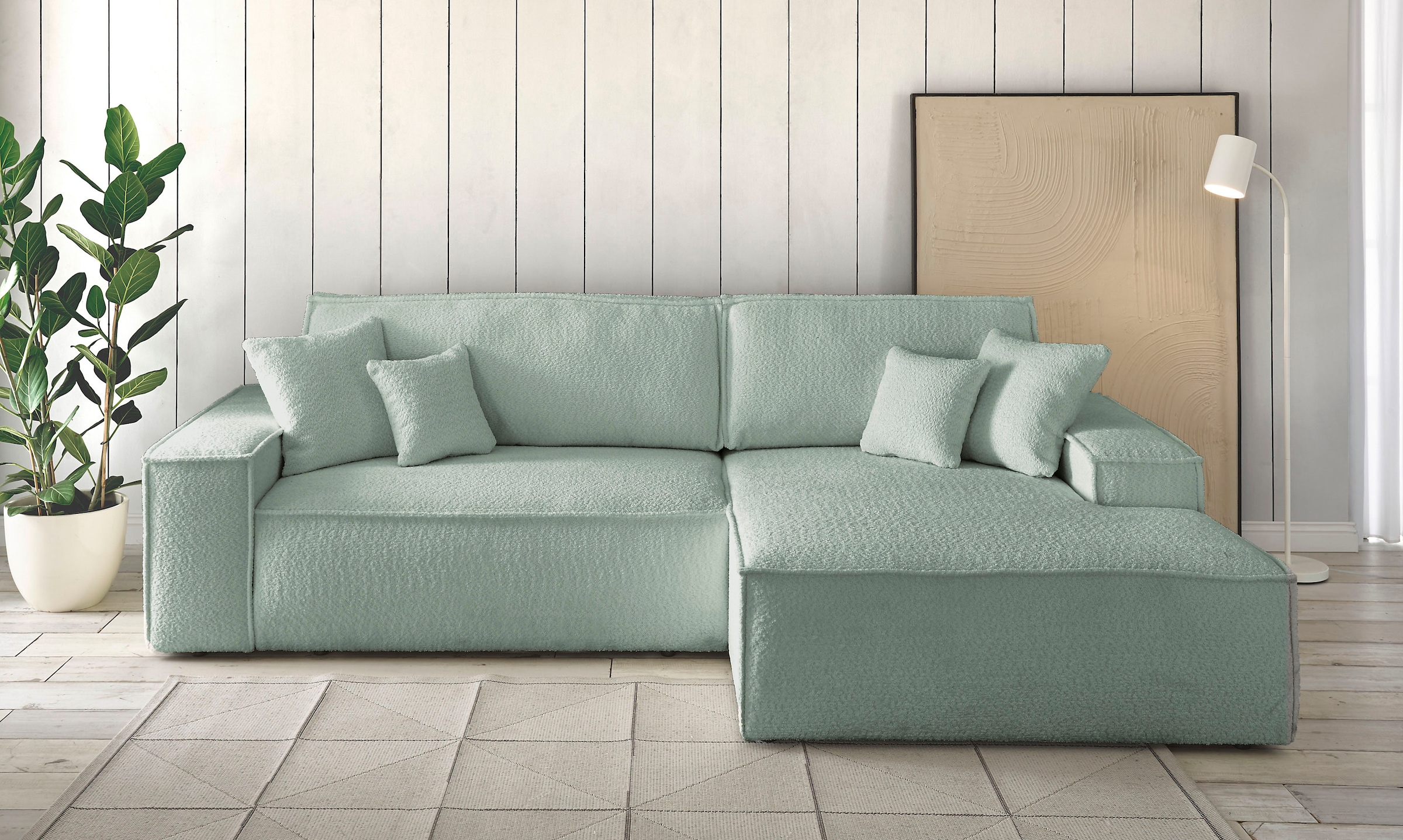 andas Ecksofa »Finnley Schlafsofa 267 cm in Bouclé, Struktur fein u. Cord, L-Form,«, Schlaffunktion m. Bettkasten (136/210 cm), Bouclé, Struktur und Cord