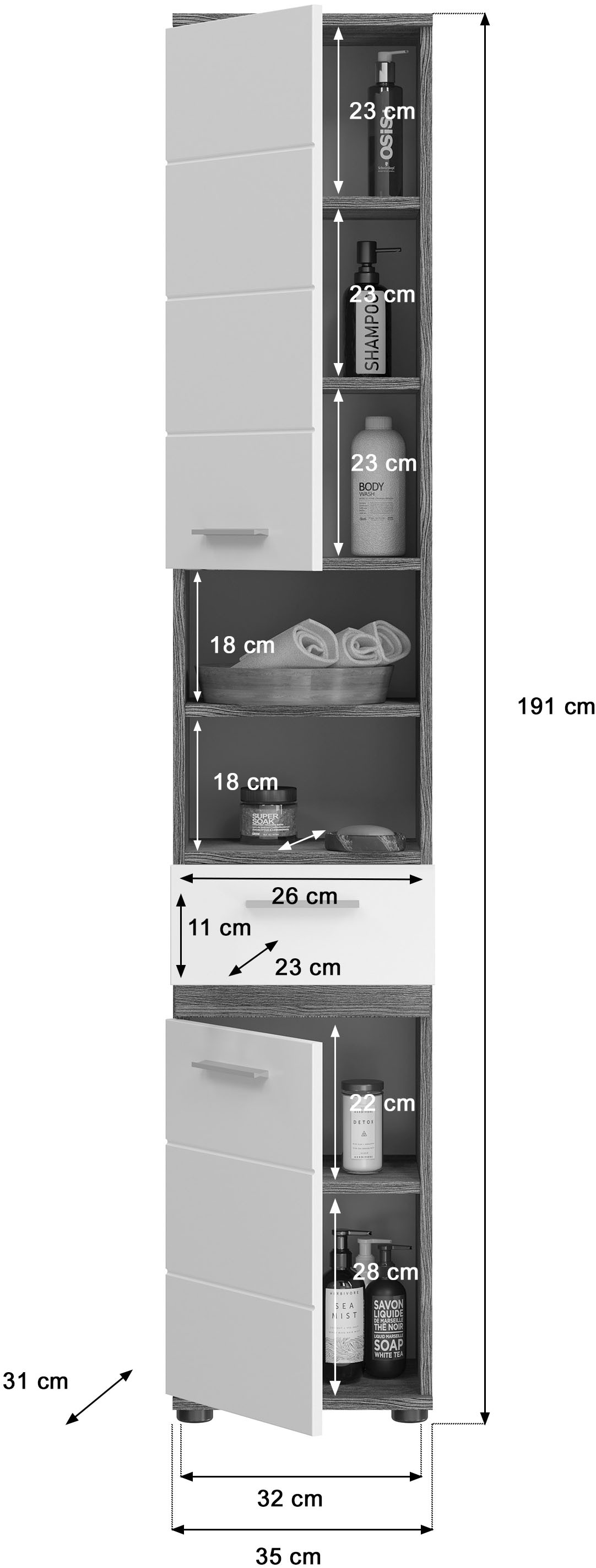 welltime Hochschrank »Lucca, Breite 35cm, 2 Türen, 1 Schubkasten, 2 offene Fächer, MDF-Front«, Türanschlag wechselbar, Badmöbel, Badschrank, Schrank, Bad, Badezimmer