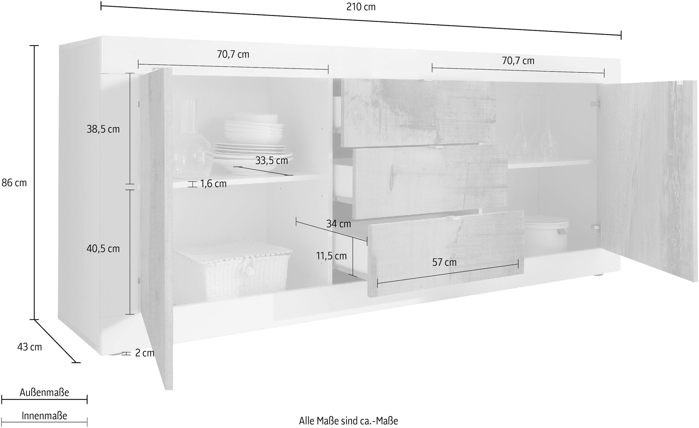 INOSIGN Sideboard »Basic Breite 210 cm, Kommode 2 Türen, 3 Schubkästen, Anrichte,«, Metallgriff, moderne Rahmenoptik, viel Stauraum, Farbauswahl