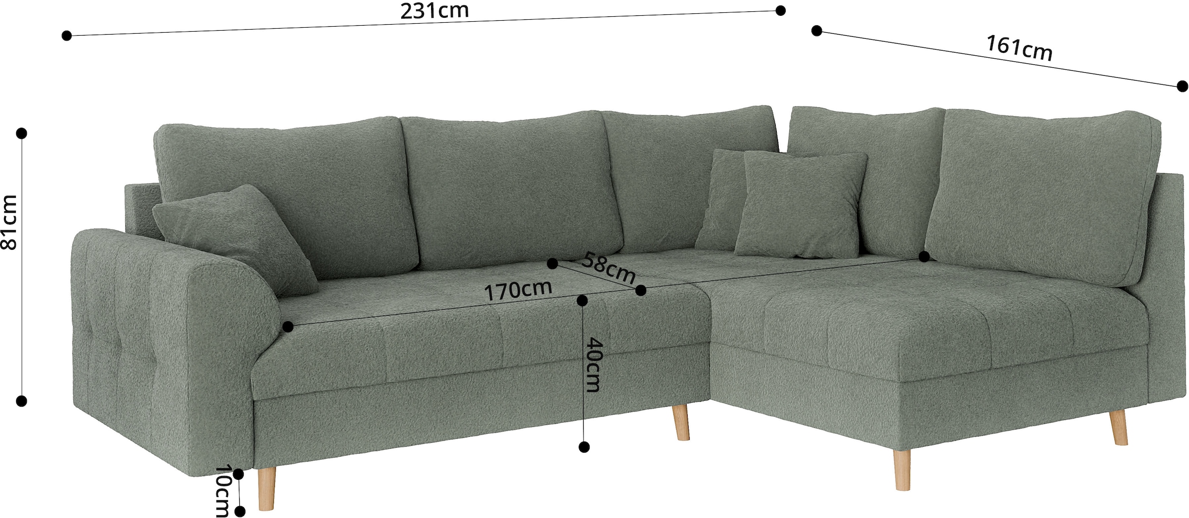 Home affaire Ecksofa »CHARRE L-Form mit Ottomane, Masse B/T/H: 231/161/81 cm«, feine Steppung, lose Rücken- und Zierkissen, auch in Cord und Bouclé
